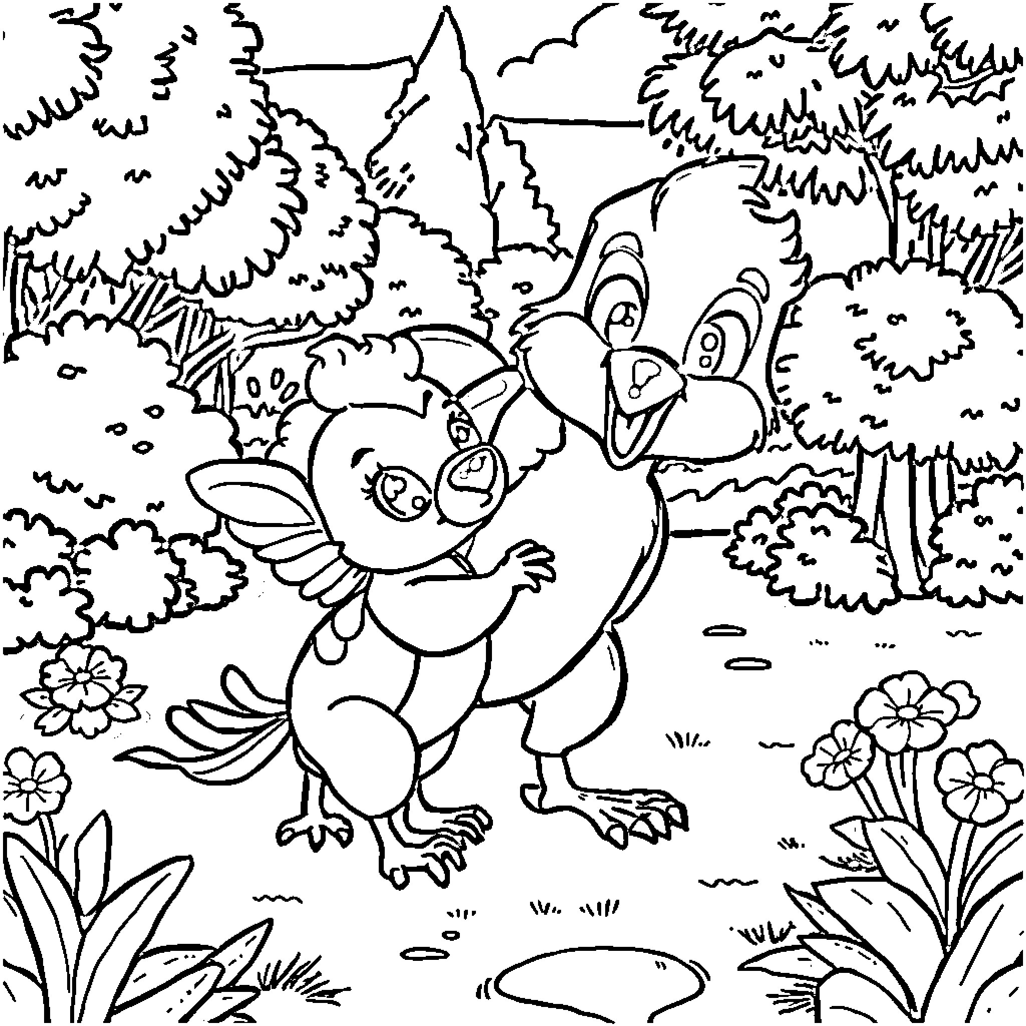 Bluey and Bingo exploring the forest Coloring Page (free black-and-white line drawing printable PDF for all, from beginners to advanced learners, including children, teens, adults, and seniors)