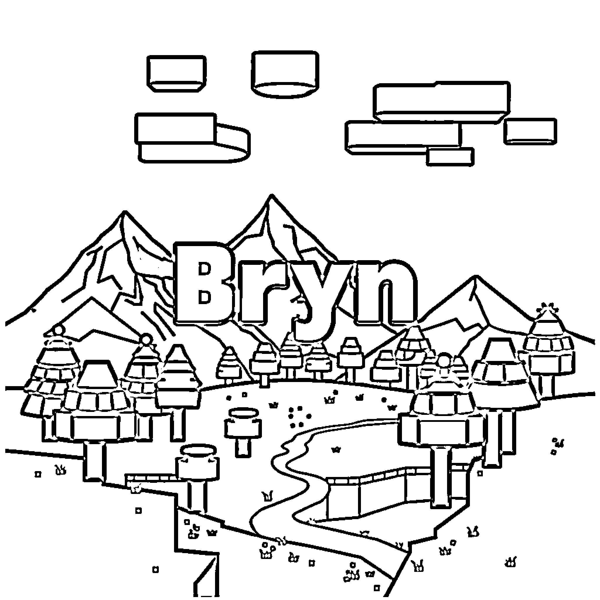 Minecraft village scene with mountains Coloring Page (free black-and-white line drawing printable PDF for all, from beginners to advanced learners, including children, teens, adults, and seniors)