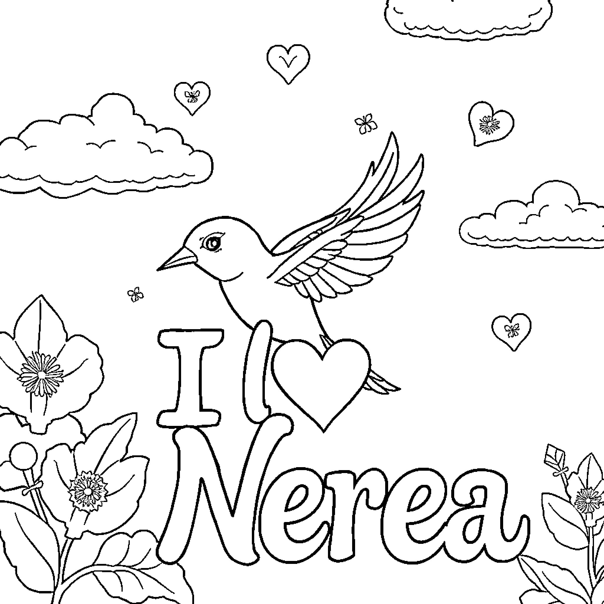 Fairy-like bird with hearts soaring through floral landscape Coloring Page (free black-and-white line drawing printable PDF for all, from beginners to advanced learners, including children, teens, adults, and seniors)