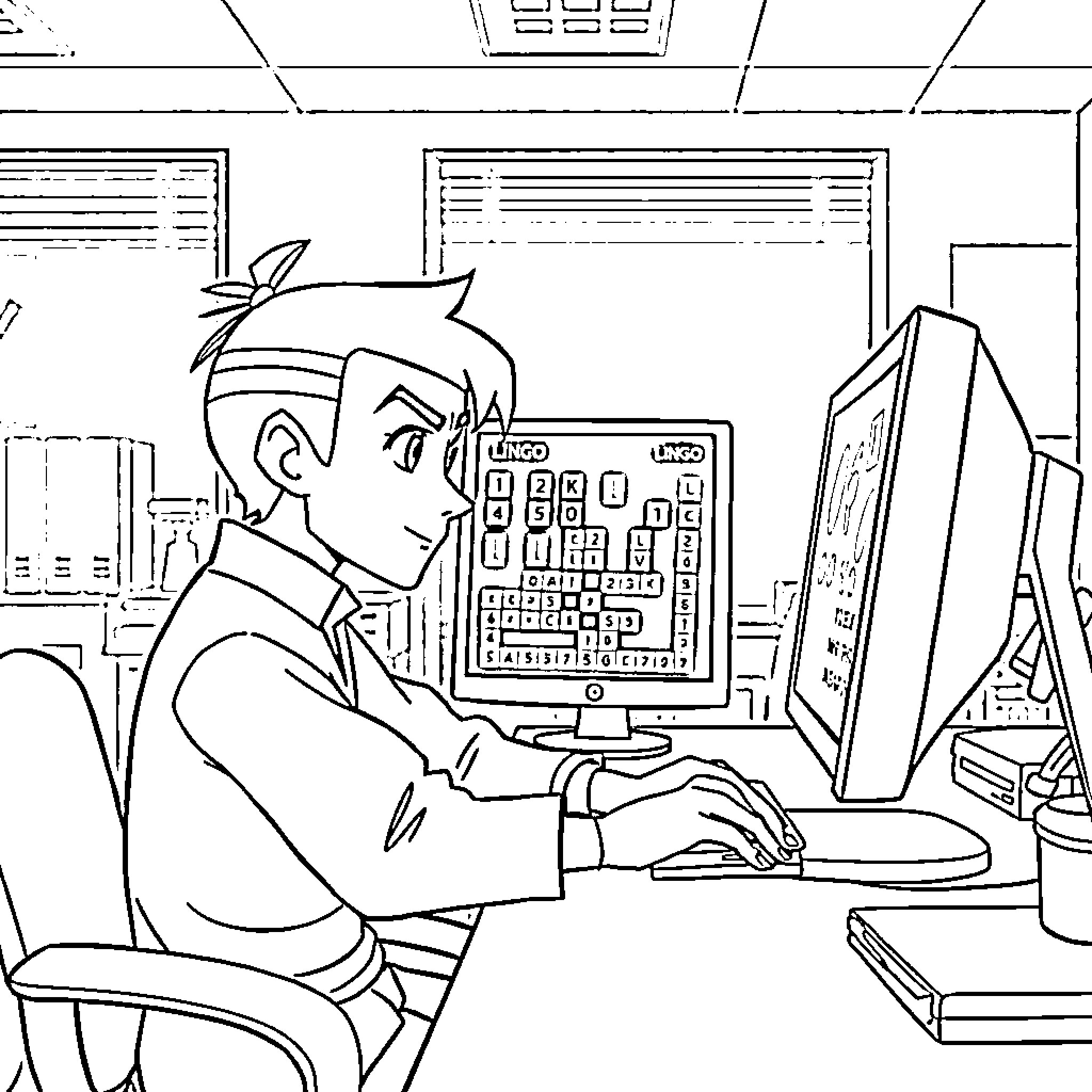 Bosco working diligently on his computer in the office Coloring Page (free black-and-white line drawing printable PDF for all, from beginners to advanced learners, including children, teens, adults, and seniors)