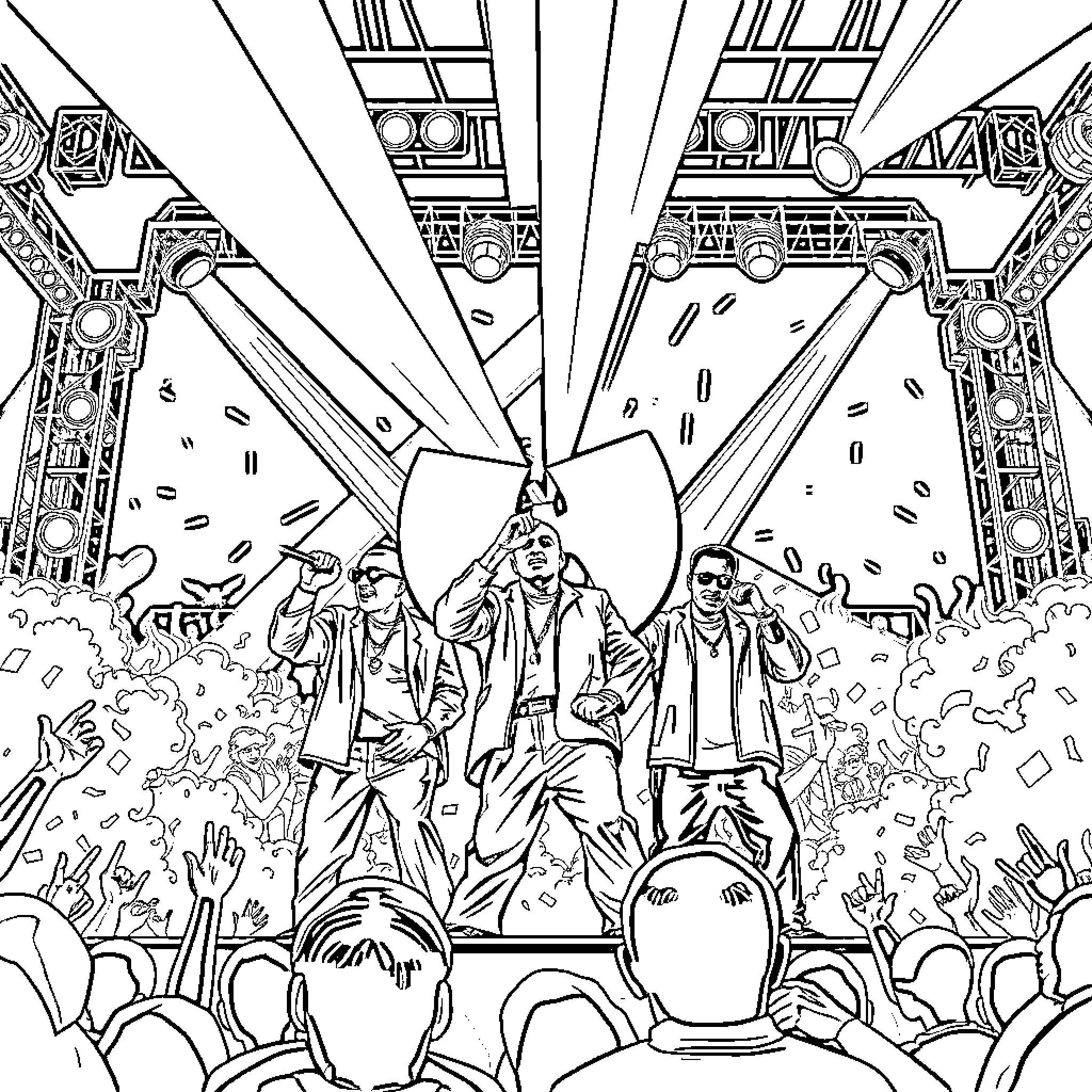Wu Tang Clan Performing on Stage with Crowd Coloring Page (free black-and-white line drawing printable PDF for all, from beginners to advanced learners, including children, teens, adults, and seniors)