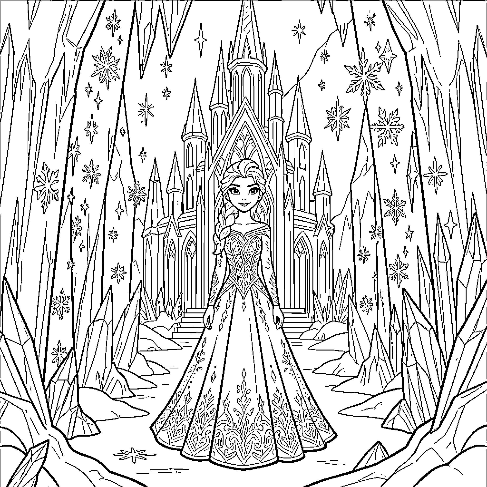Elsa standing regally in front of an ice castle Coloring Page (free black-and-white line drawing printable PDF for all, from beginners to advanced learners, including children, teens, adults, and seniors)