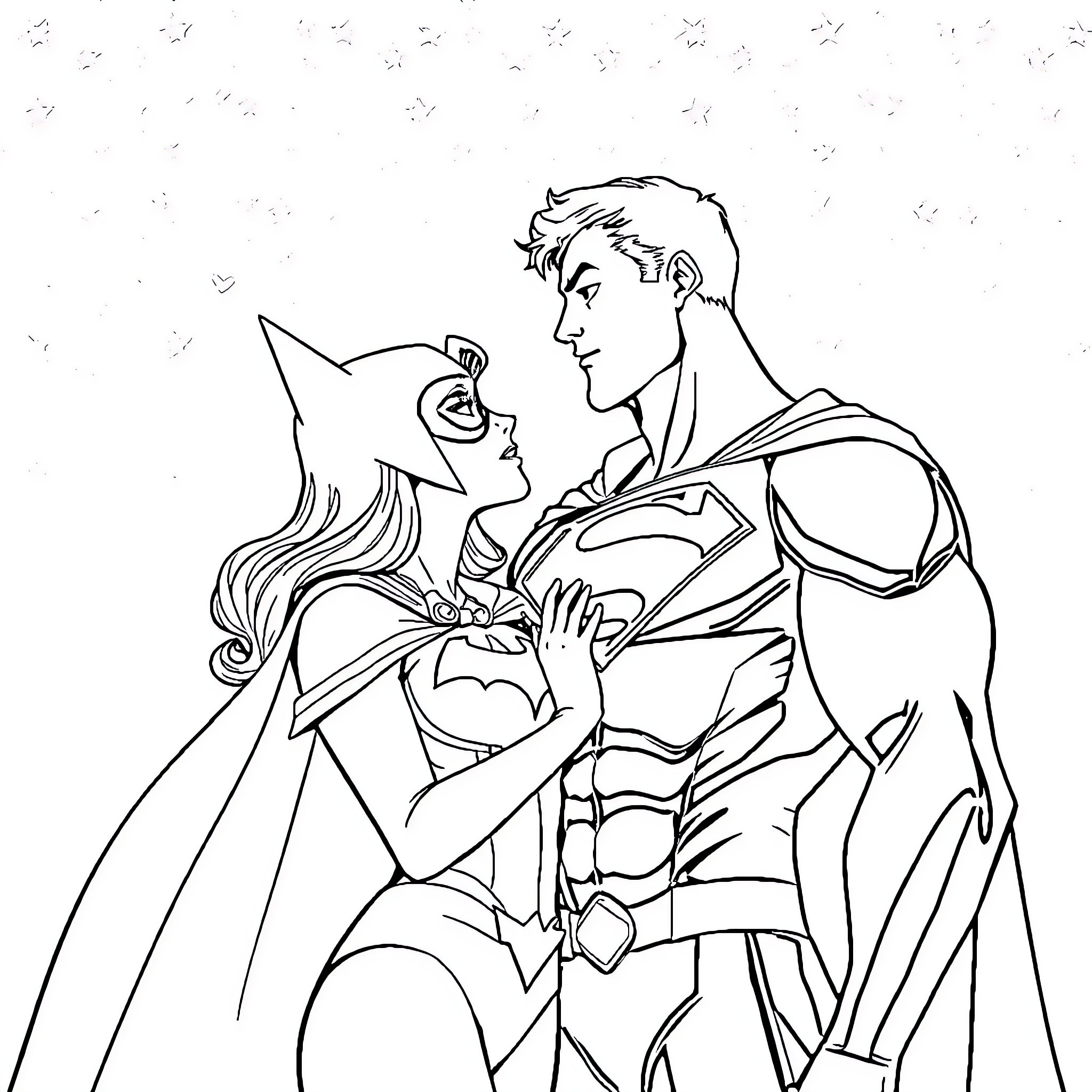 Superman embraces his superhero companion in the night sky Coloring Page (free black-and-white line drawing printable PDF for all, from beginners to advanced learners, including children, teens, adults, and seniors)