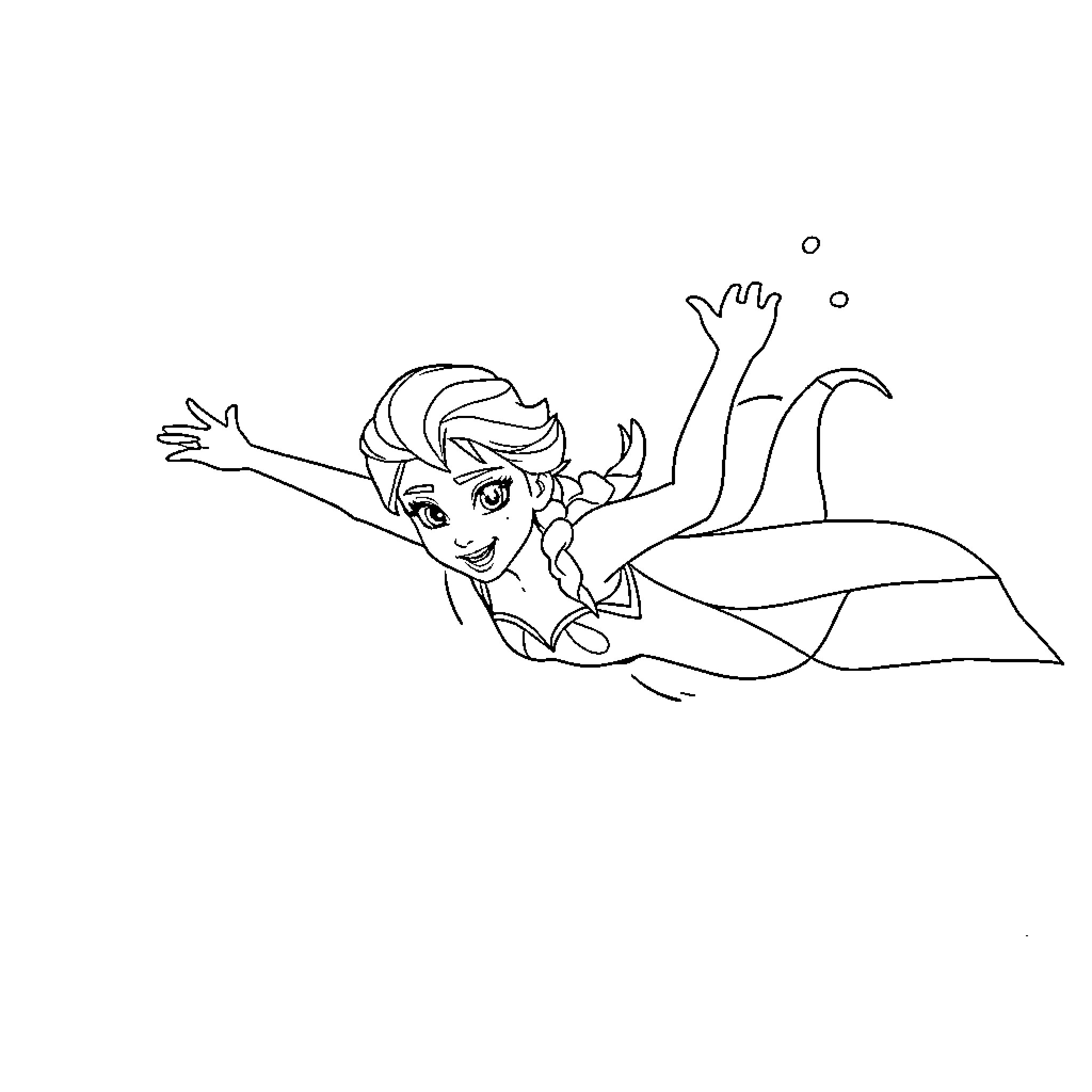 Elsa joyfully swimming in the ocean Coloring Page (free black-and-white line drawing printable PDF for all, from beginners to advanced learners, including children, teens, adults, and seniors)