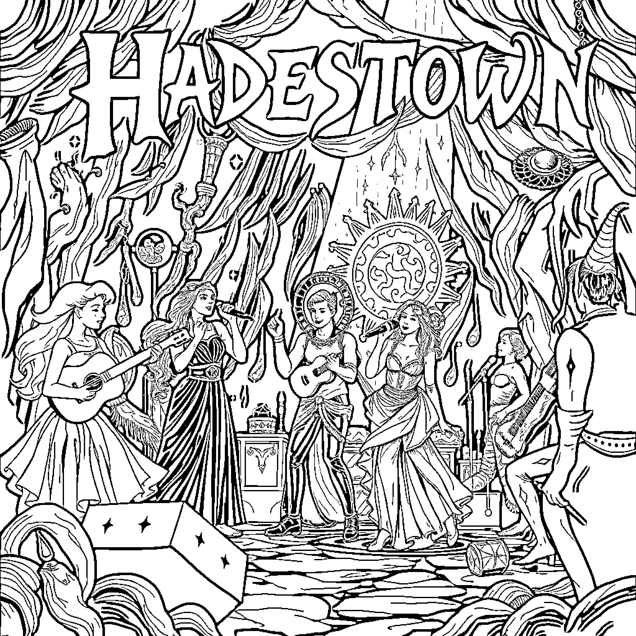 Hadestown: A Mythic Musical Journey with Intricate Designs Coloring Page (free black-and-white line drawing printable PDF for all, from beginners to advanced learners, including children, teens, adults, and seniors)