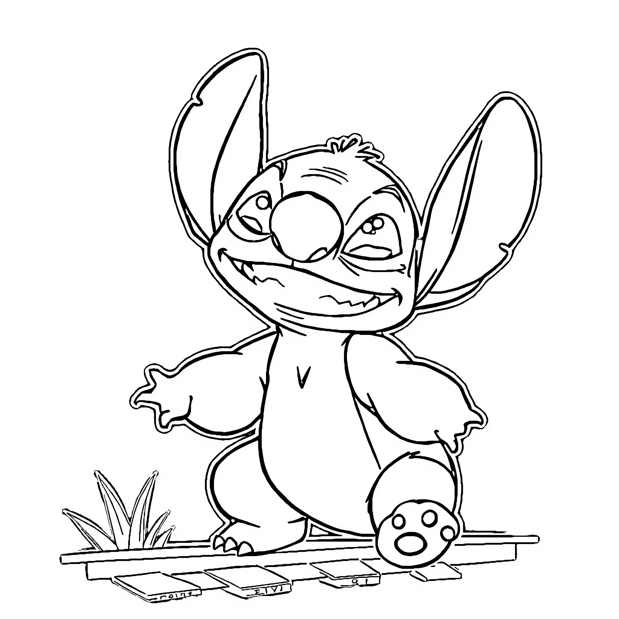Stitch drawing playfully on a wooden platform Coloring Page (free black-and-white line drawing printable PDF for all, from beginners to advanced learners, including children, teens, adults, and seniors)
