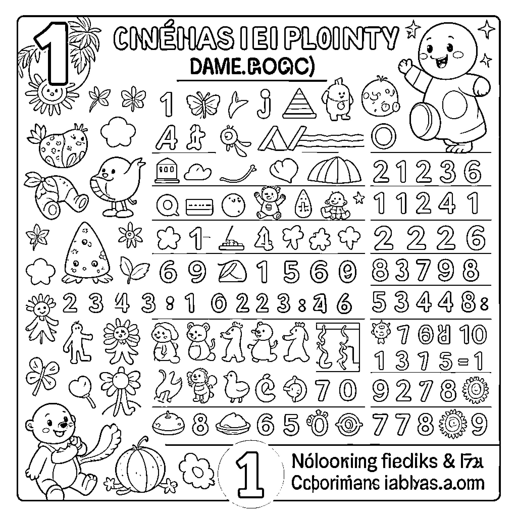 Number 1 Coloring Activity with Various Shapes and Symbols Coloring Page (free black-and-white line drawing printable PDF for all, from beginners to advanced learners, including children, teens, adults, and seniors)