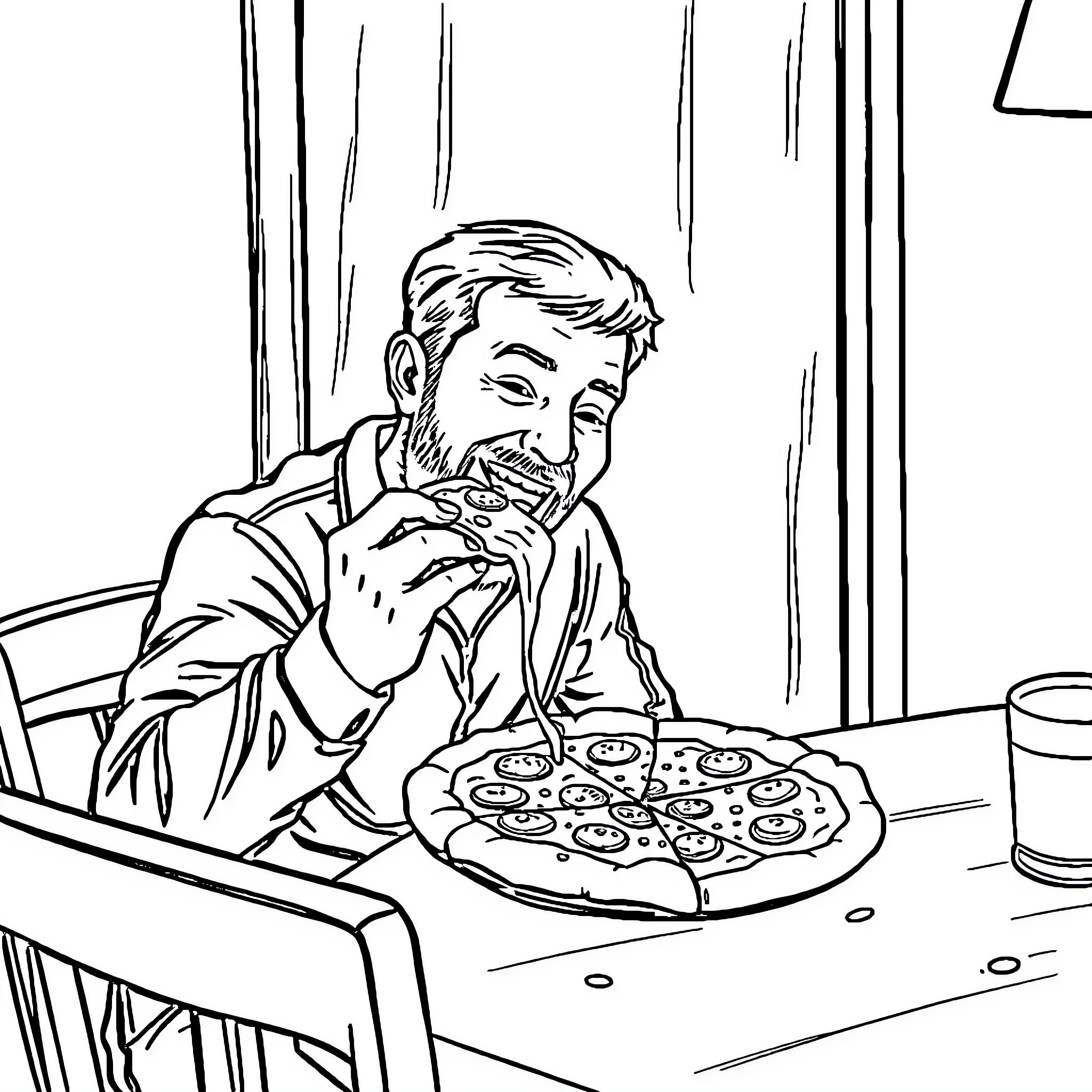 Hubby enjoying a delicious pizza at home Coloring Page (free black-and-white line drawing printable PDF for all, from beginners to advanced learners, including children, teens, adults, and seniors)