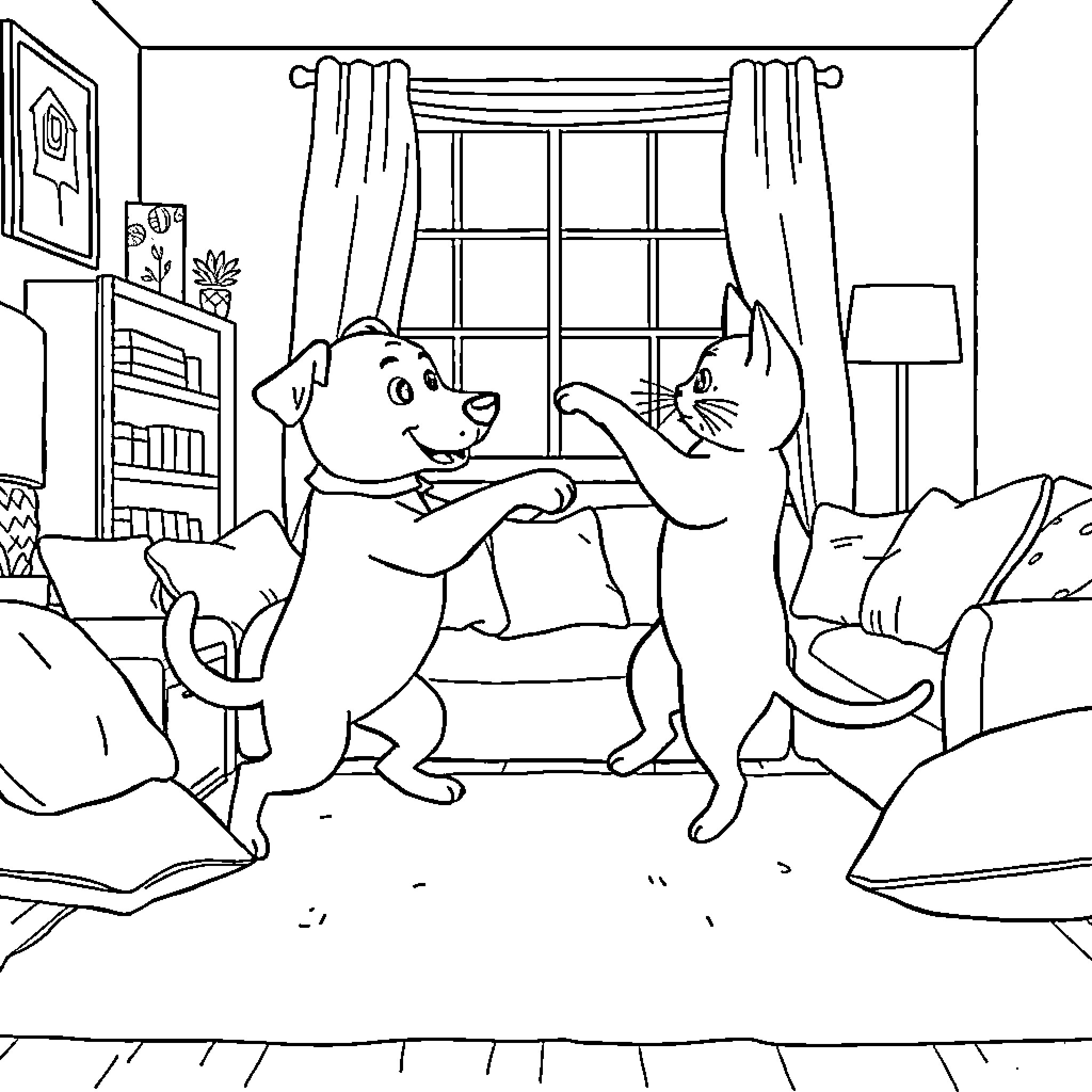 Dog and cat playing indoors Coloring Page (free black-and-white line drawing printable PDF for all, from beginners to advanced learners, including children, teens, adults, and seniors)