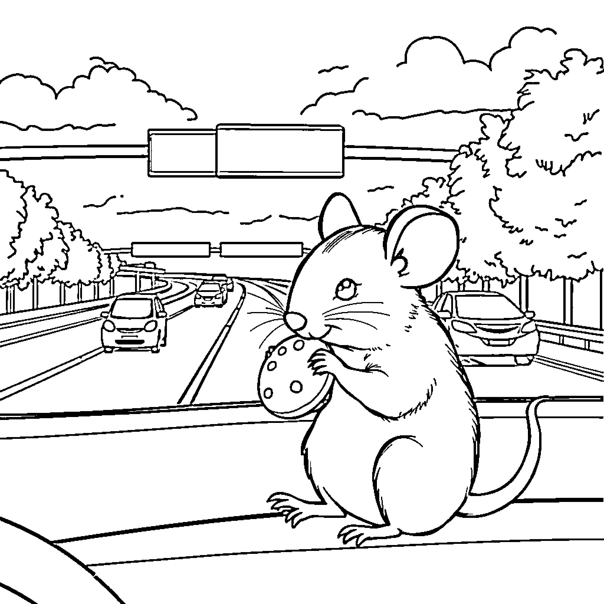 Mouse crossing the highway cautiously Coloring Page (free black-and-white line drawing printable PDF for all, from beginners to advanced learners, including children, teens, adults, and seniors)