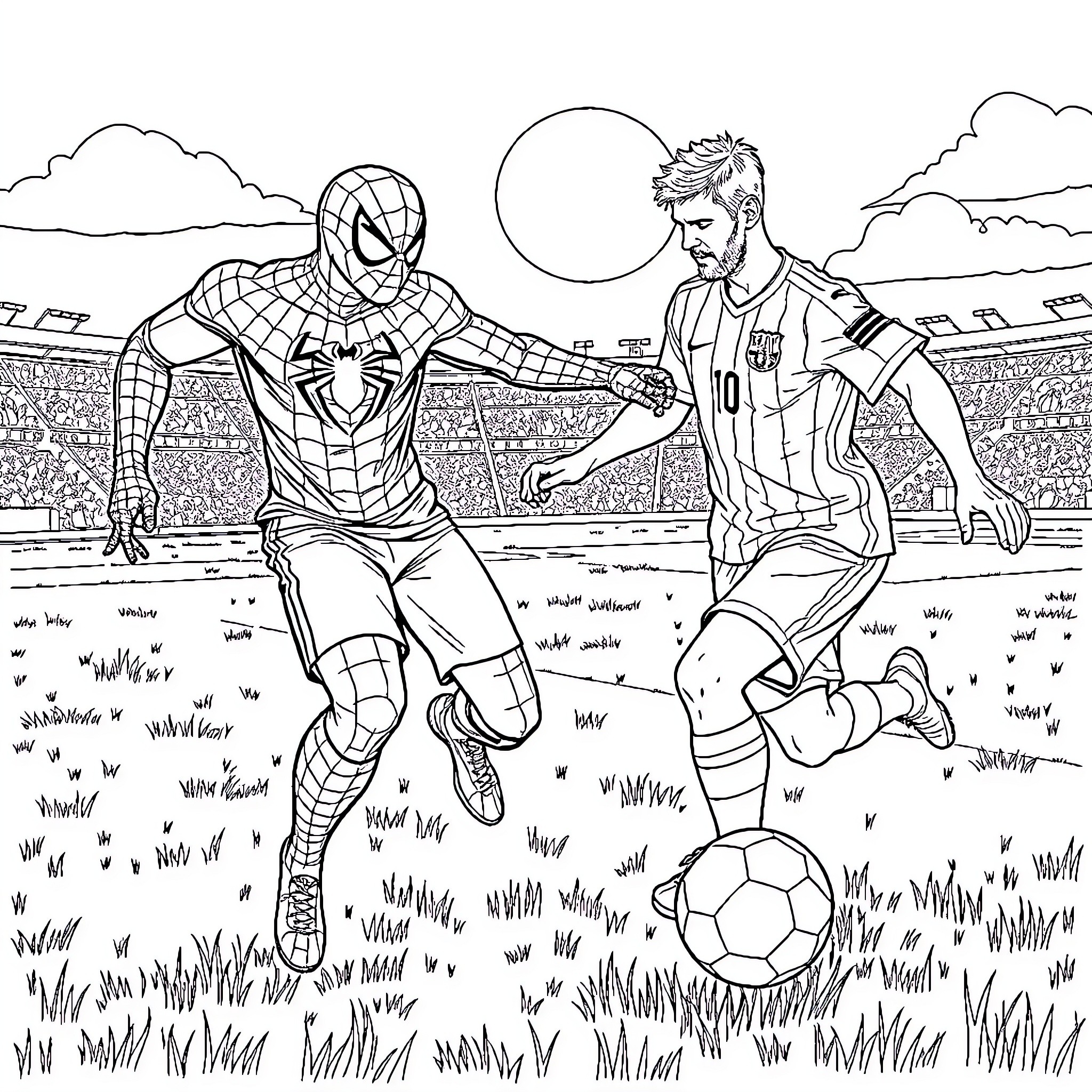 Spiderman Playing Soccer with Athlete on Field Coloring Page (free black-and-white line drawing printable PDF for all, from beginners to advanced learners, including children, teens, adults, and seniors)