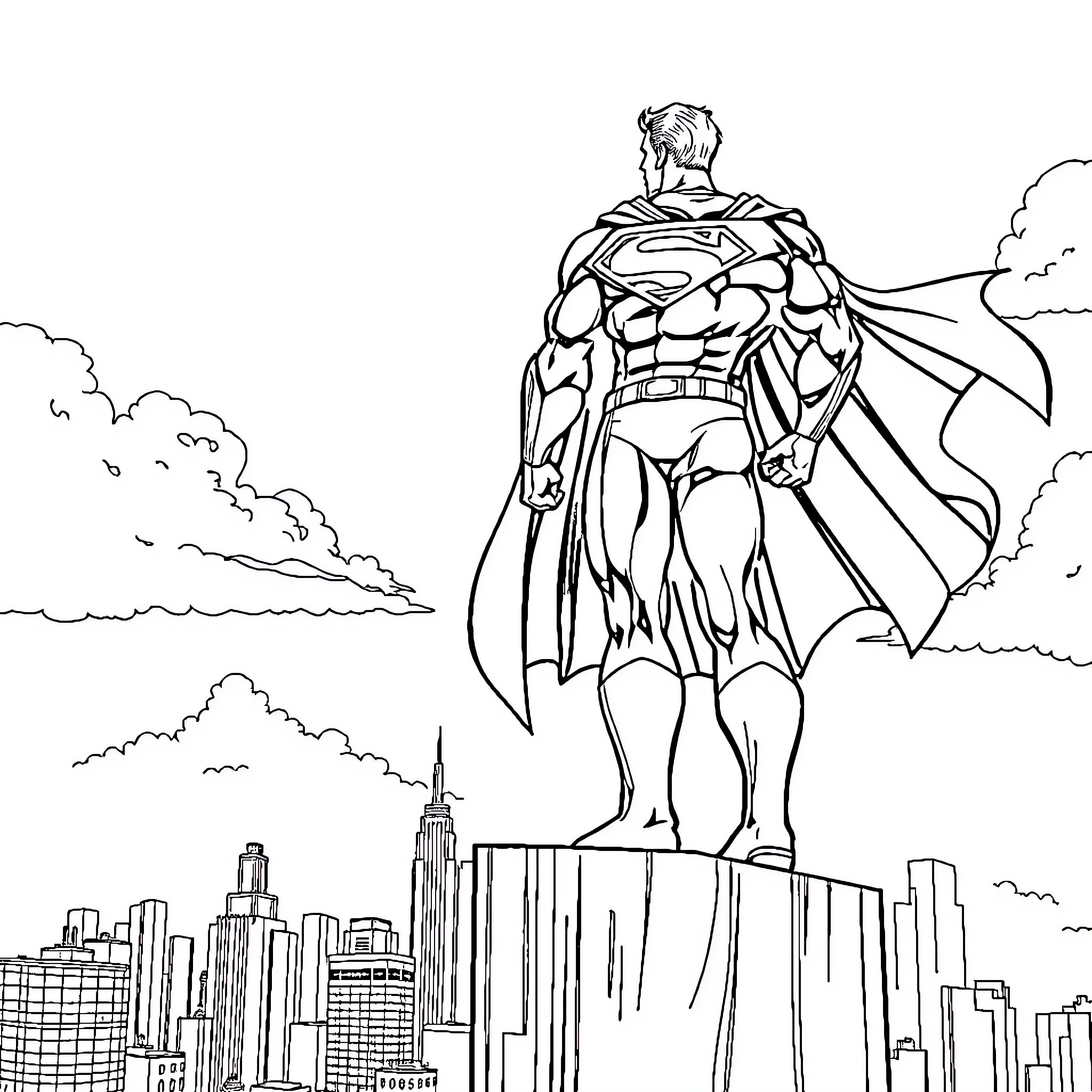 Superman heroically overlooking the city Coloring Page (free black-and-white line drawing printable PDF for all, from beginners to advanced learners, including children, teens, adults, and seniors)