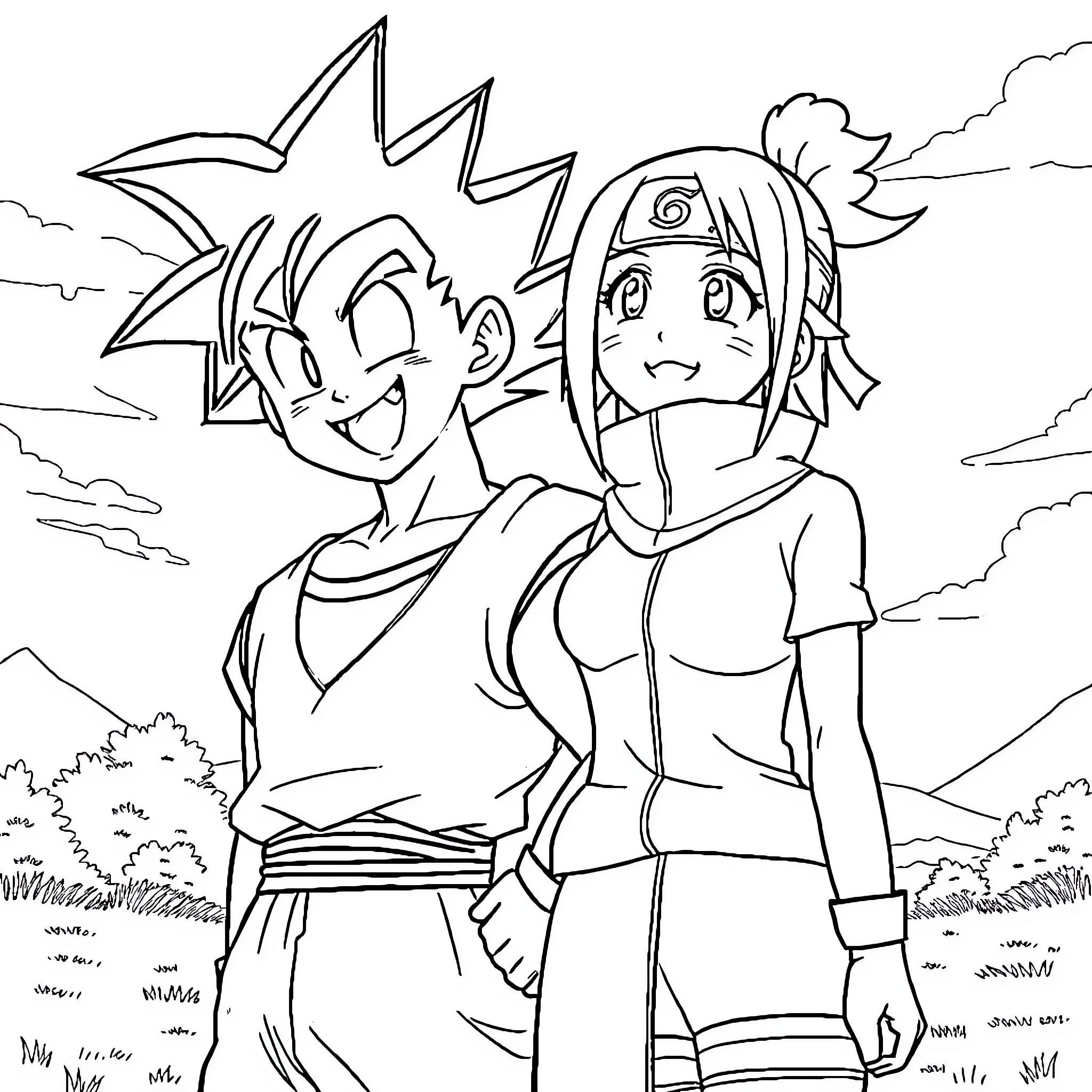 Goten and companion enjoying outdoor adventure Coloring Page (free black-and-white line drawing printable PDF for all, from beginners to advanced learners, including children, teens, adults, and seniors)