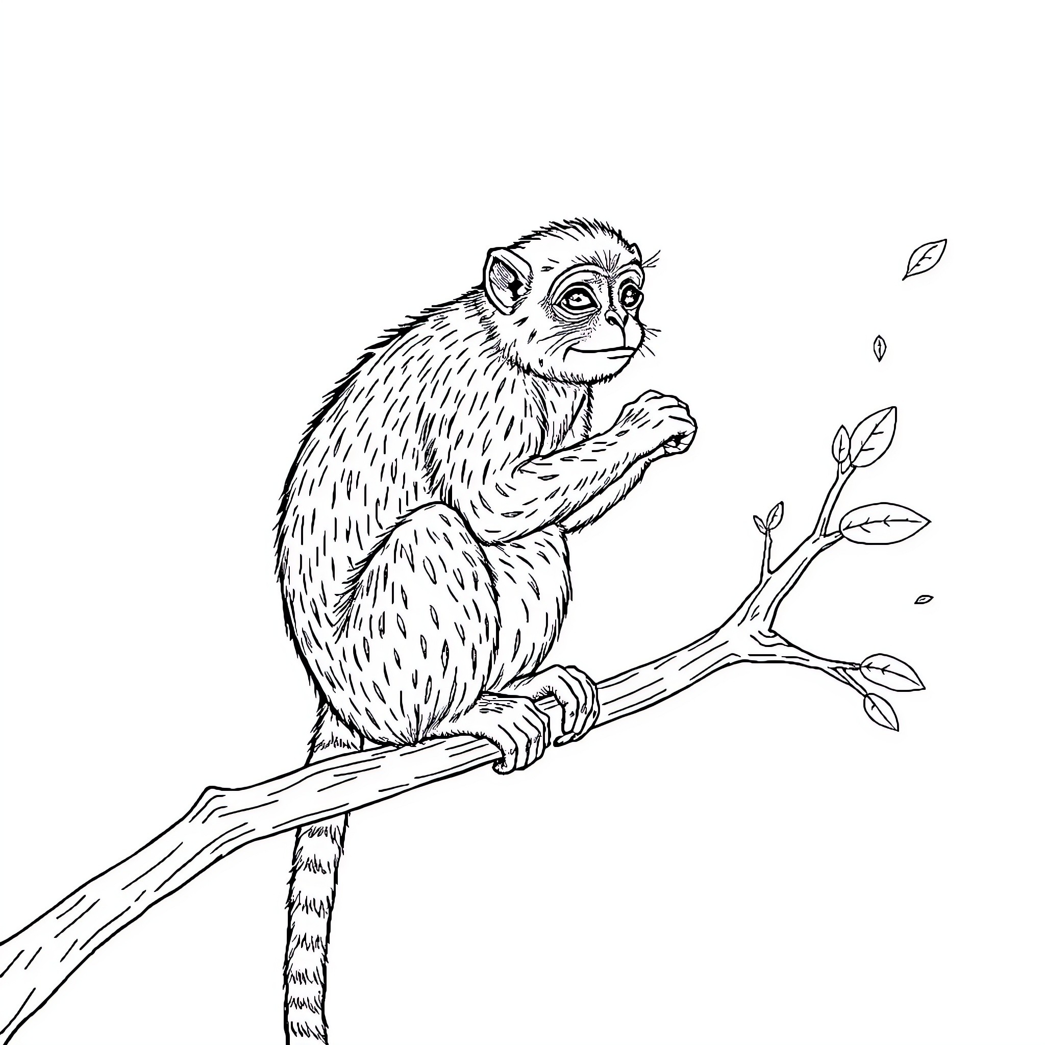 Single monkey sitting playfully on branch Coloring Page (free black-and-white line drawing printable PDF for all, from beginners to advanced learners, including children, teens, adults, and seniors)