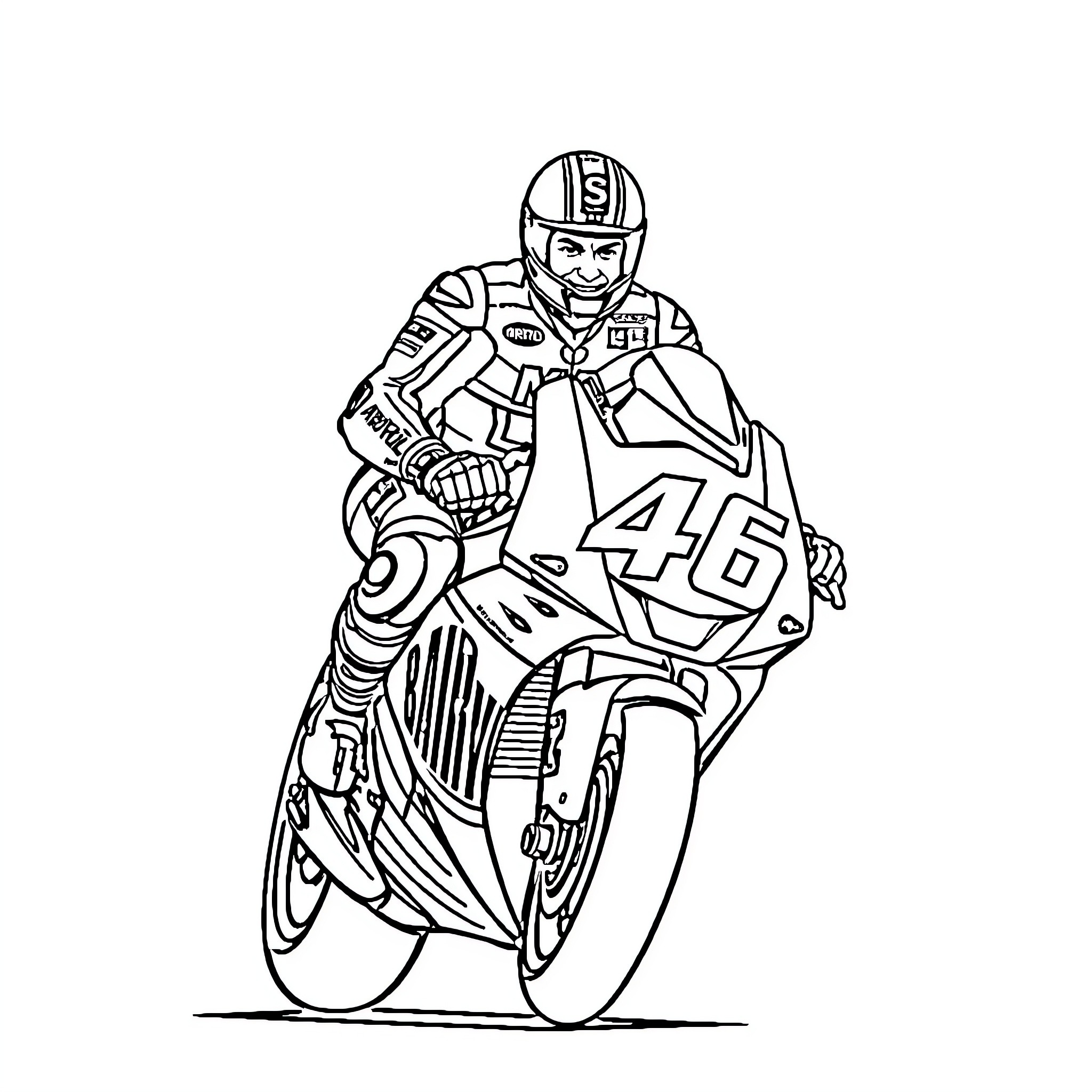 Valentino Rossi racing on motorcycle Coloring Page (free black-and-white line drawing printable PDF for all, from beginners to advanced learners, including children, teens, adults, and seniors)