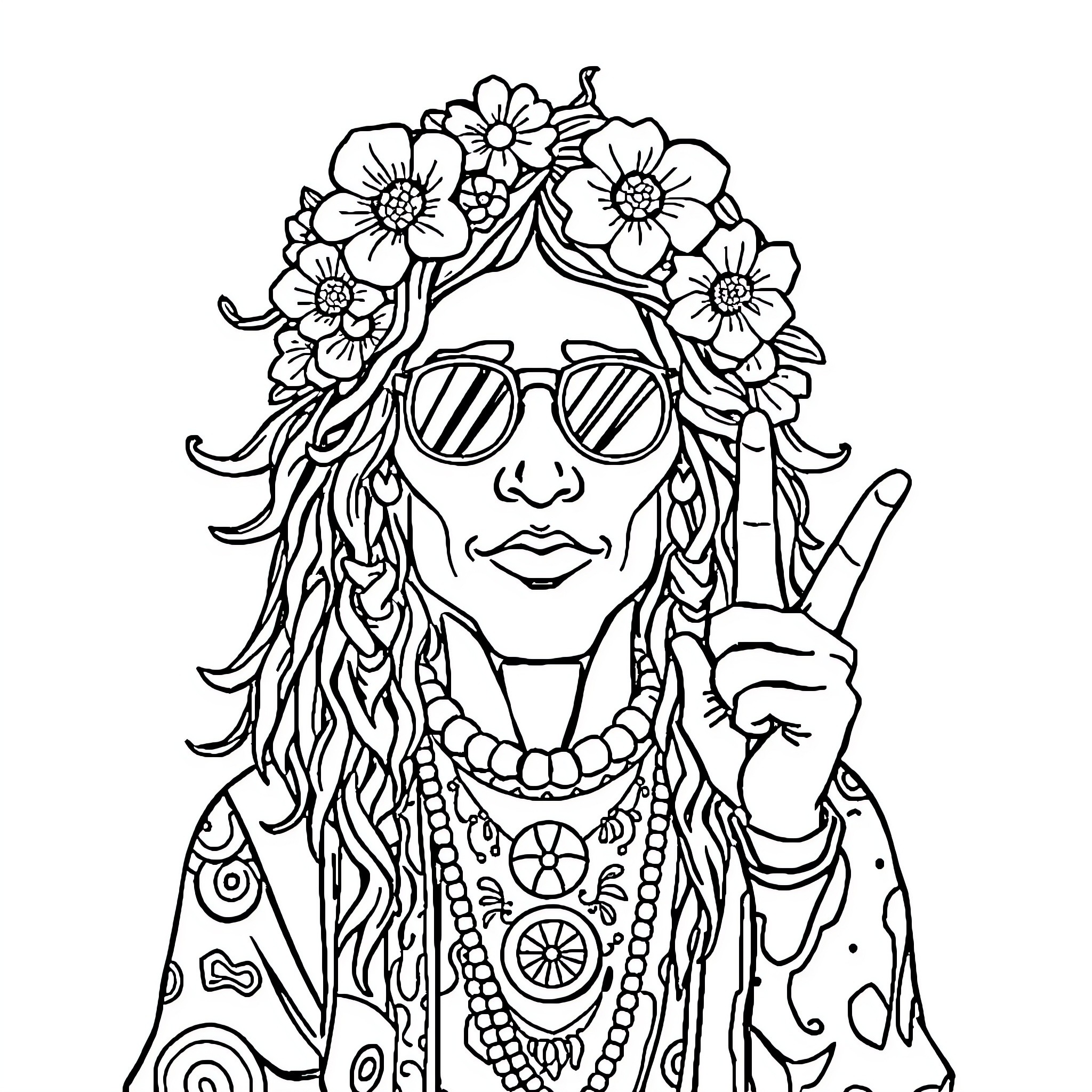 Hippie woman with floral headdress and peace sign Coloring Page (free black-and-white line drawing printable PDF for all, from beginners to advanced learners, including children, teens, adults, and seniors)
