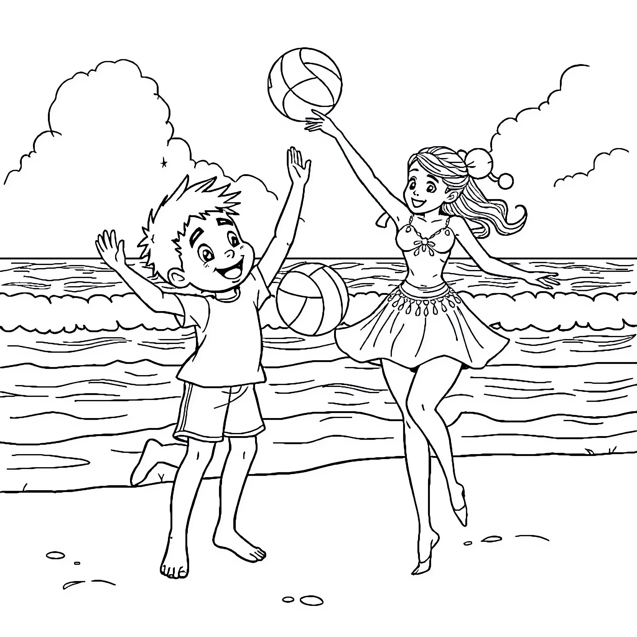 Volleyball game at the beach Coloring Page (free black-and-white line drawing printable PDF for all, from beginners to advanced learners, including children, teens, adults, and seniors)