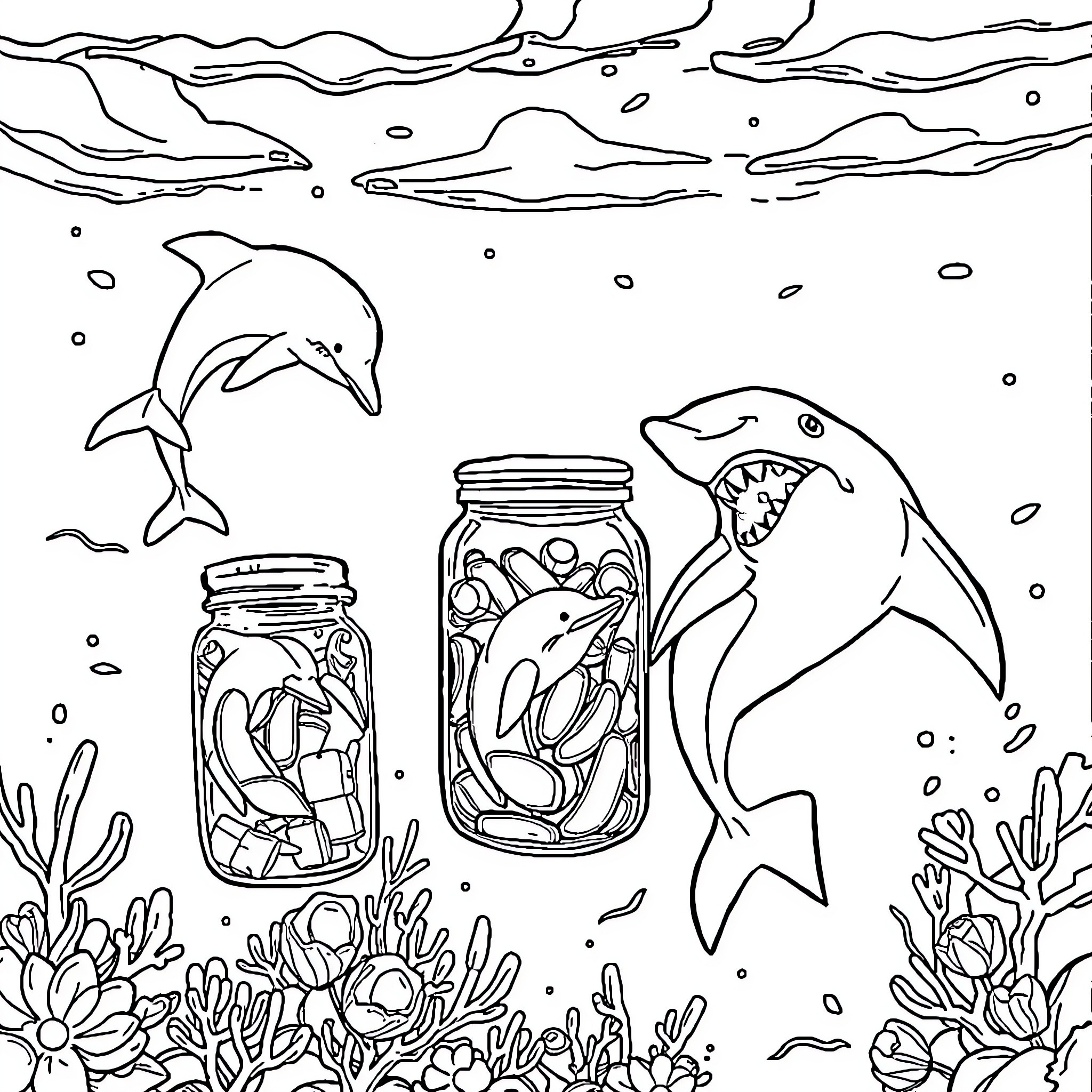 Dolphin swimming in underwater scene with jars Coloring Page (free black-and-white line drawing printable PDF for all, from beginners to advanced learners, including children, teens, adults, and seniors)