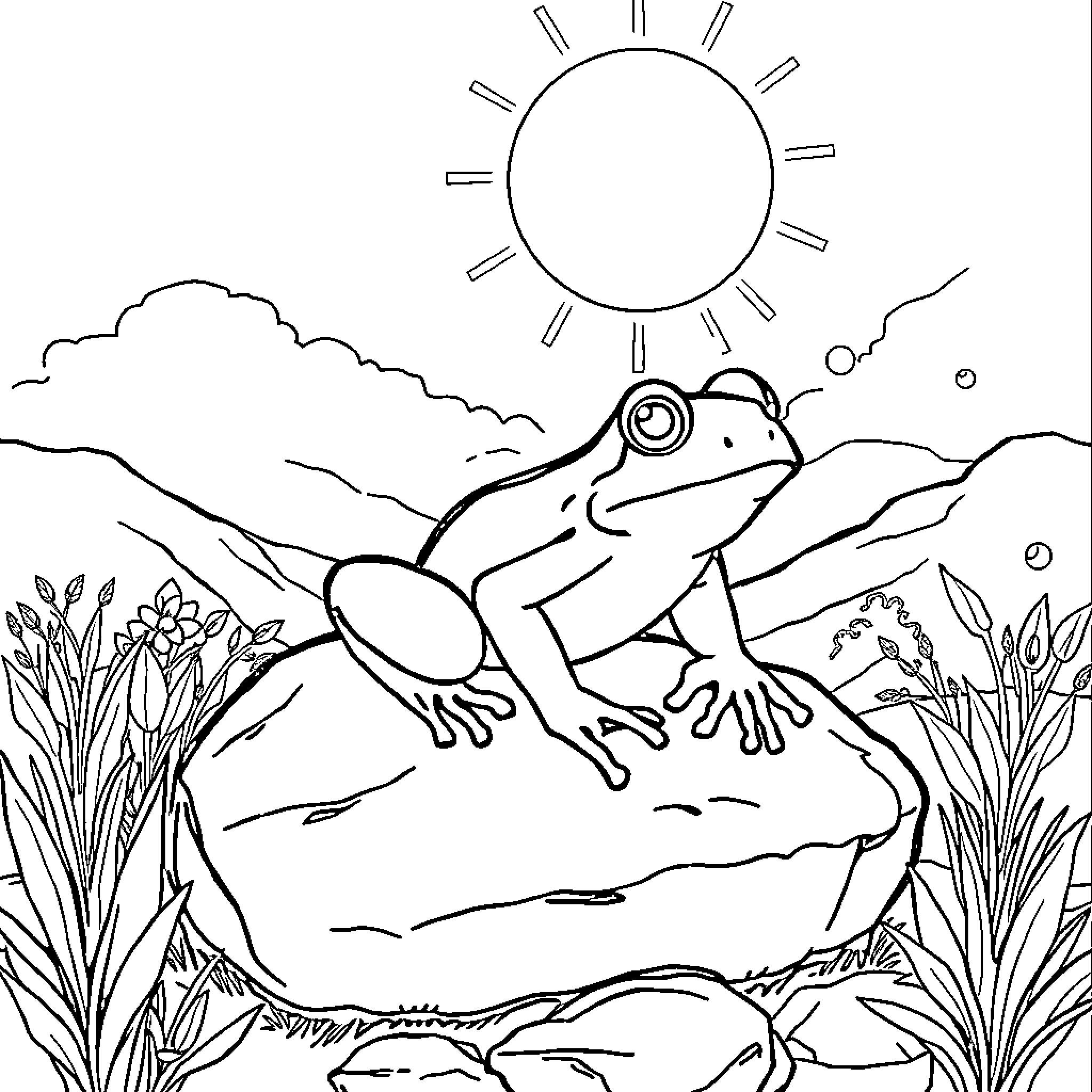 Frog resting on a rock in the sun Coloring Page (free black-and-white line drawing printable PDF for all, from beginners to advanced learners, including children, teens, adults, and seniors)