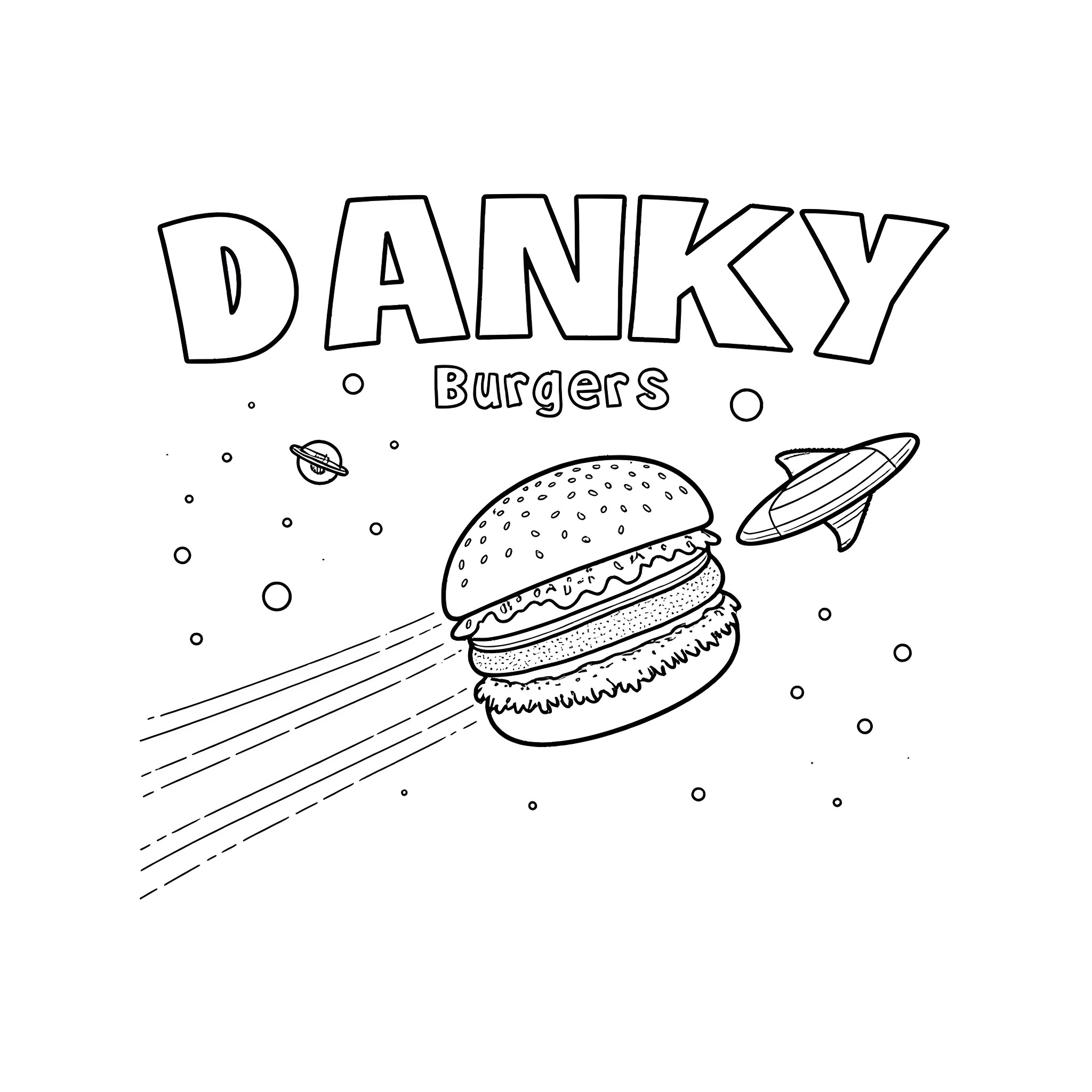 Hamburger blasting off into space Coloring Page (free black-and-white line drawing printable PDF for all, from beginners to advanced learners, including children, teens, adults, and seniors)