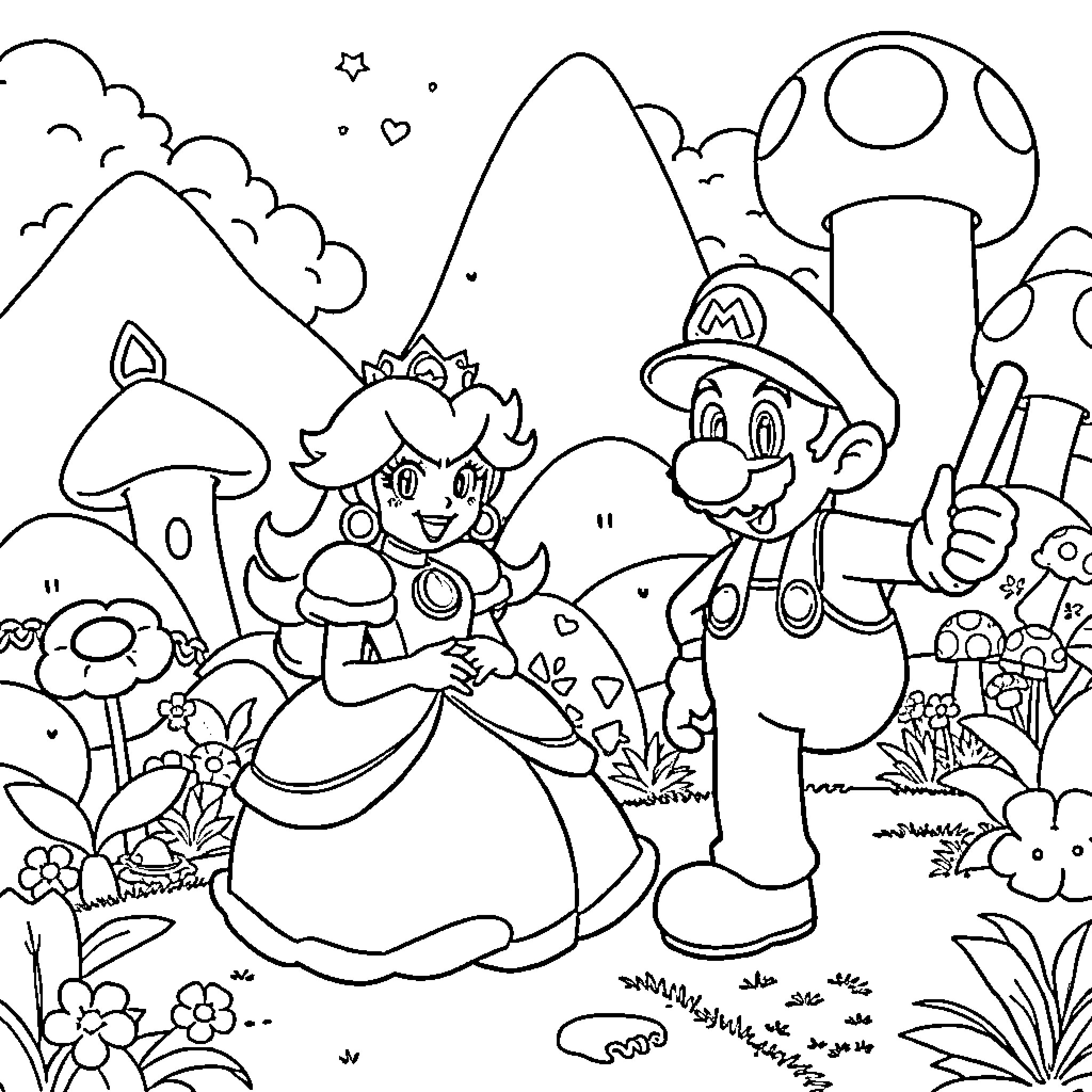 Princess Peach and Mario exploring a whimsical mushroom kingdom Coloring Page (free black-and-white line drawing printable PDF for all, from beginners to advanced learners, including children, teens, adults, and seniors)