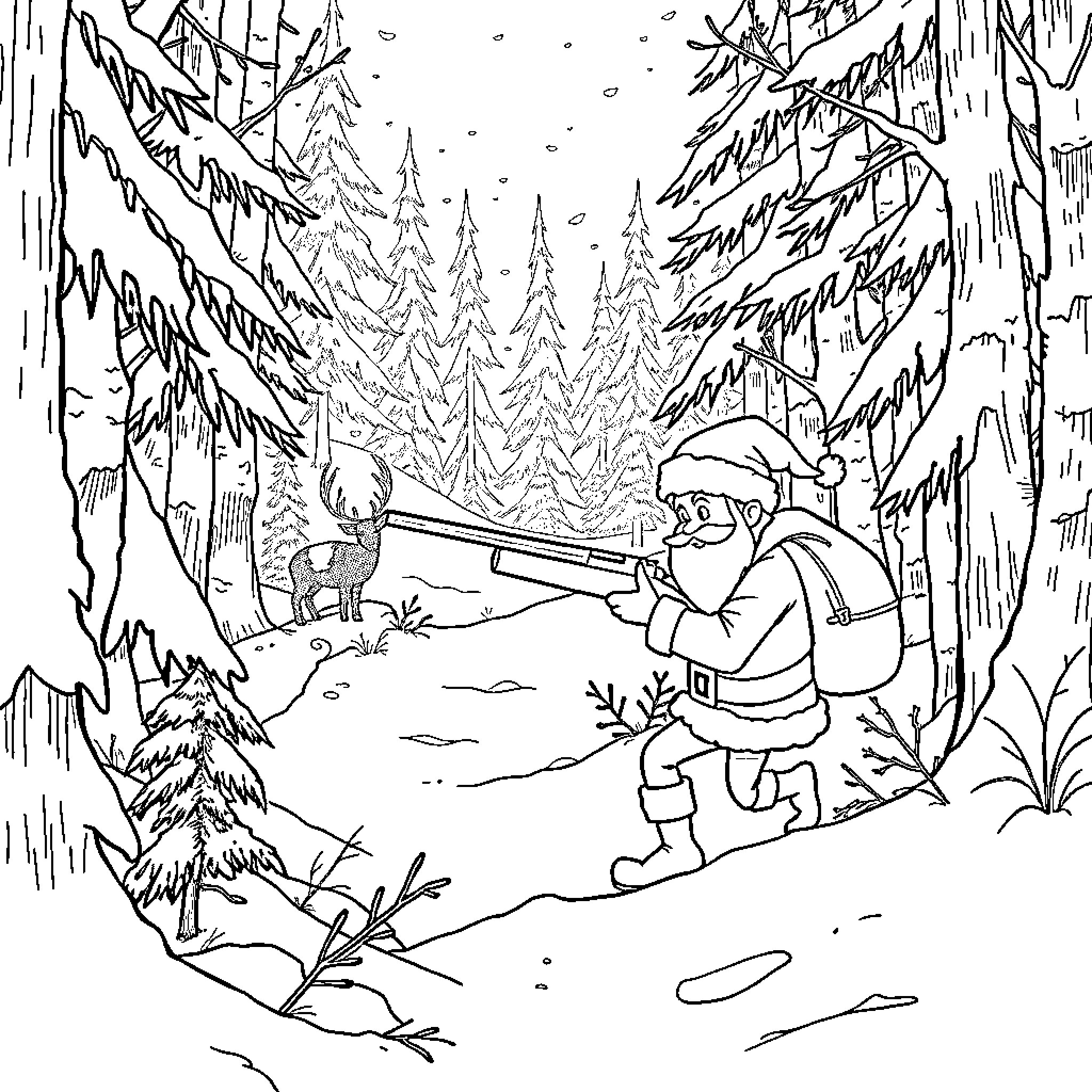 Elf hunting in the snowy forest Coloring Page (free black-and-white line drawing printable PDF for all, from beginners to advanced learners, including children, teens, adults, and seniors)