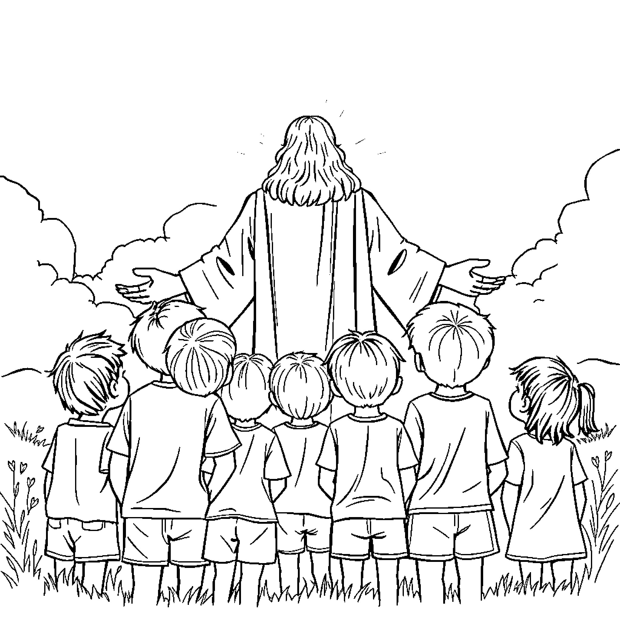 God Gathering His Children in the Garden Coloring Page (free black-and-white line drawing printable PDF for all, from beginners to advanced learners, including children, teens, adults, and seniors)