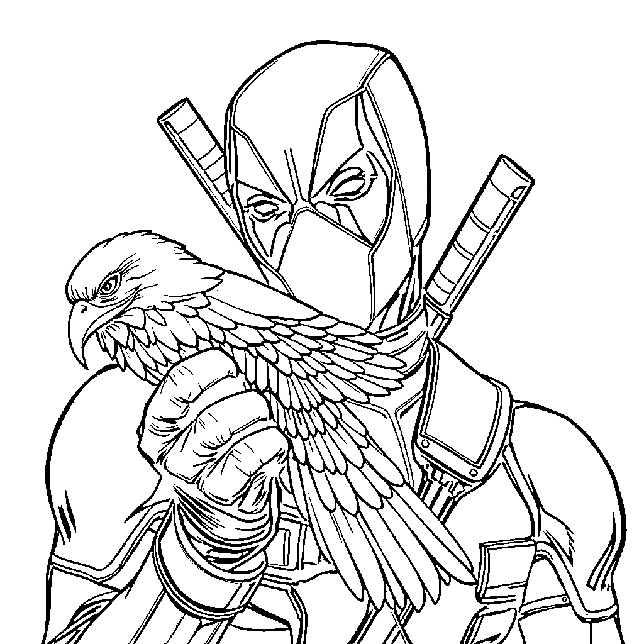 Deadpool with Powerful Bird Companion Coloring Page (free black-and-white line drawing printable PDF for all, from beginners to advanced learners, including children, teens, adults, and seniors)