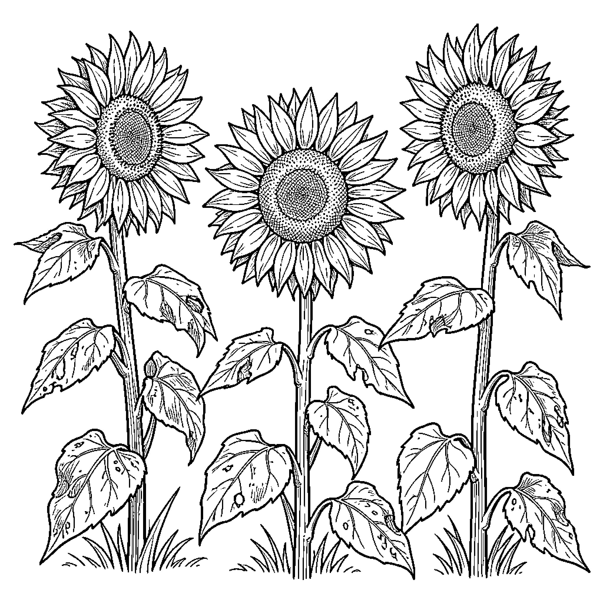 Sunflower field in black and white Coloring Page (free black-and-white line drawing printable PDF for all, from beginners to advanced learners, including children, teens, adults, and seniors)