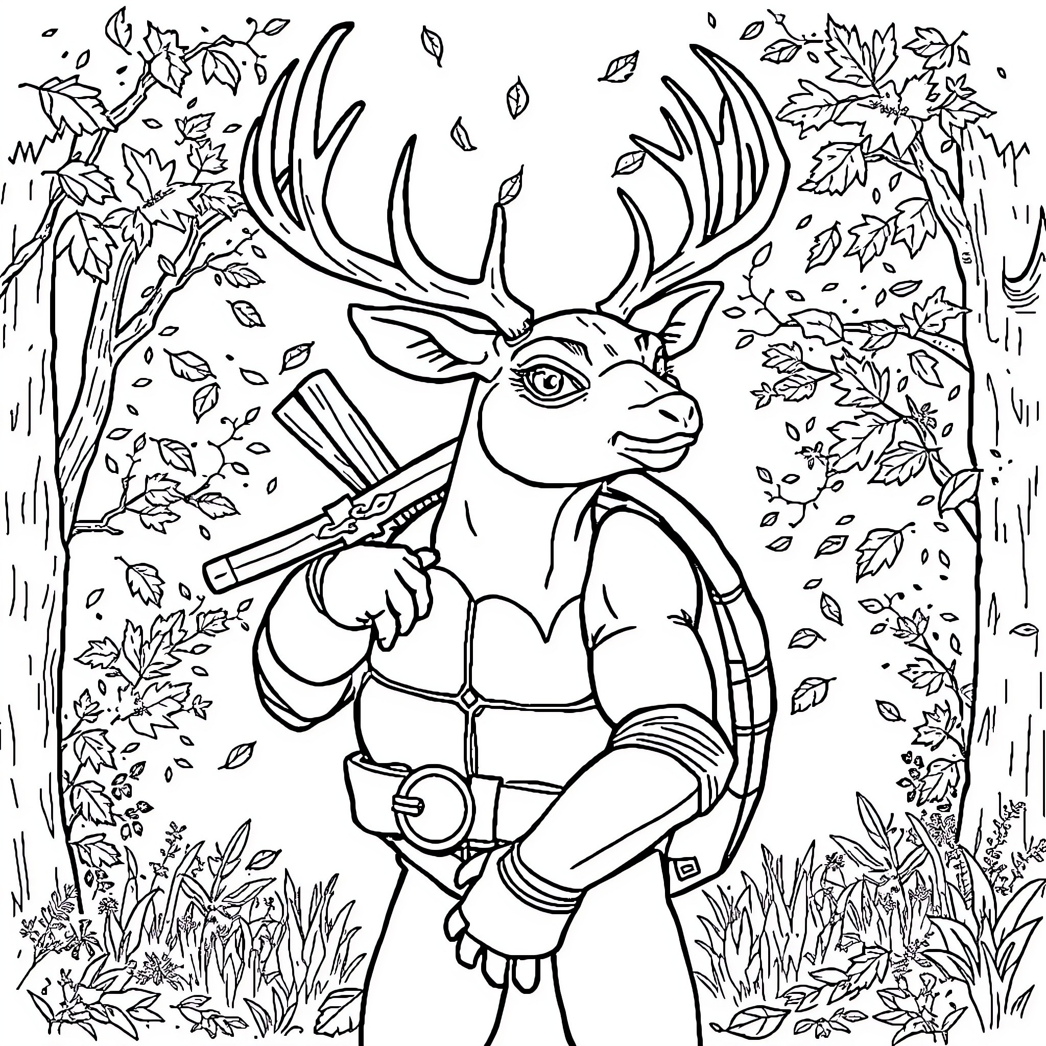 Ninja Turtle Deer Hero in Autumnal Forest Adventure Coloring Page (free black-and-white line drawing printable PDF for all, from beginners to advanced learners, including children, teens, adults, and seniors)