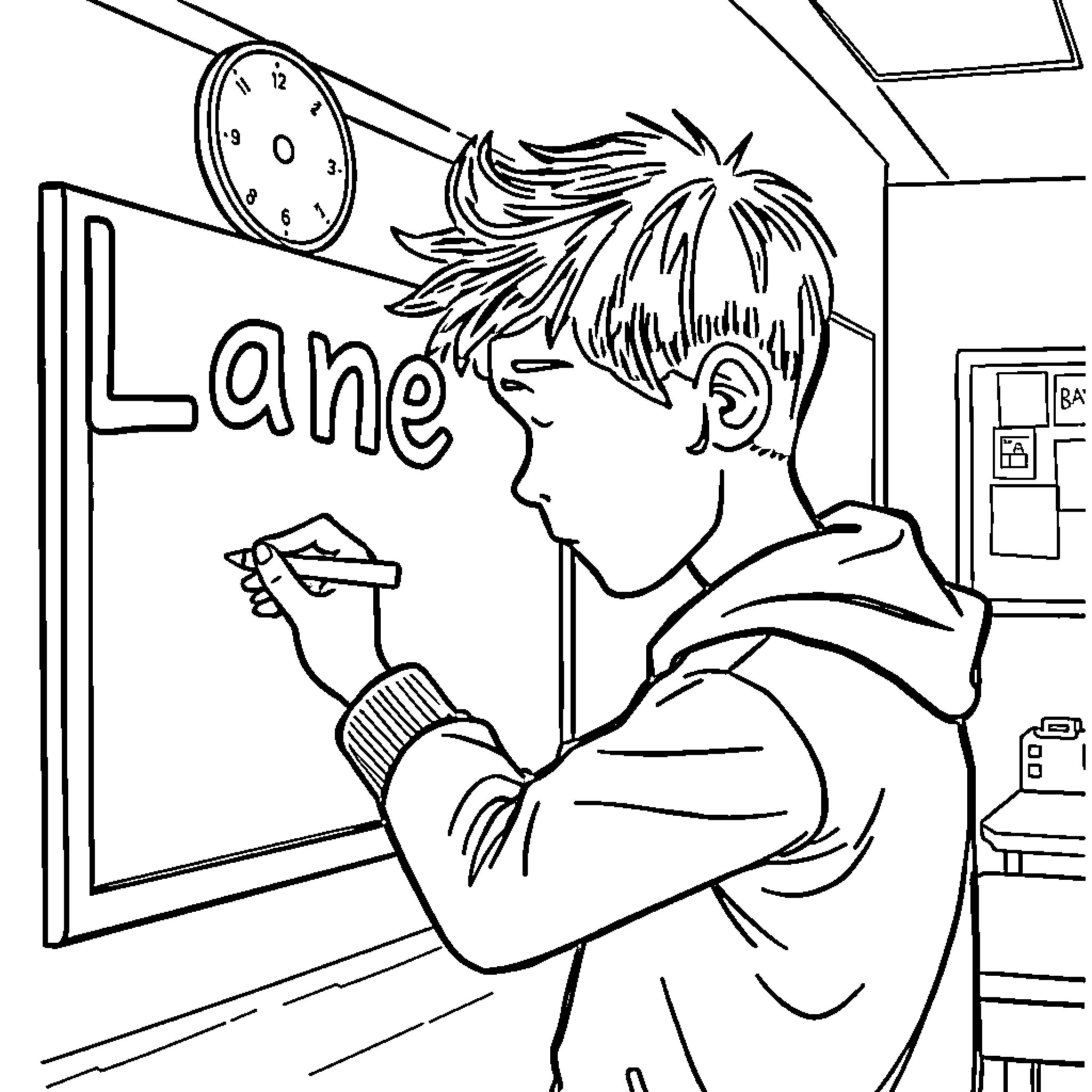 Boy writing on classroom blackboard Coloring Page (free black-and-white line drawing printable PDF for all, from beginners to advanced learners, including children, teens, adults, and seniors)