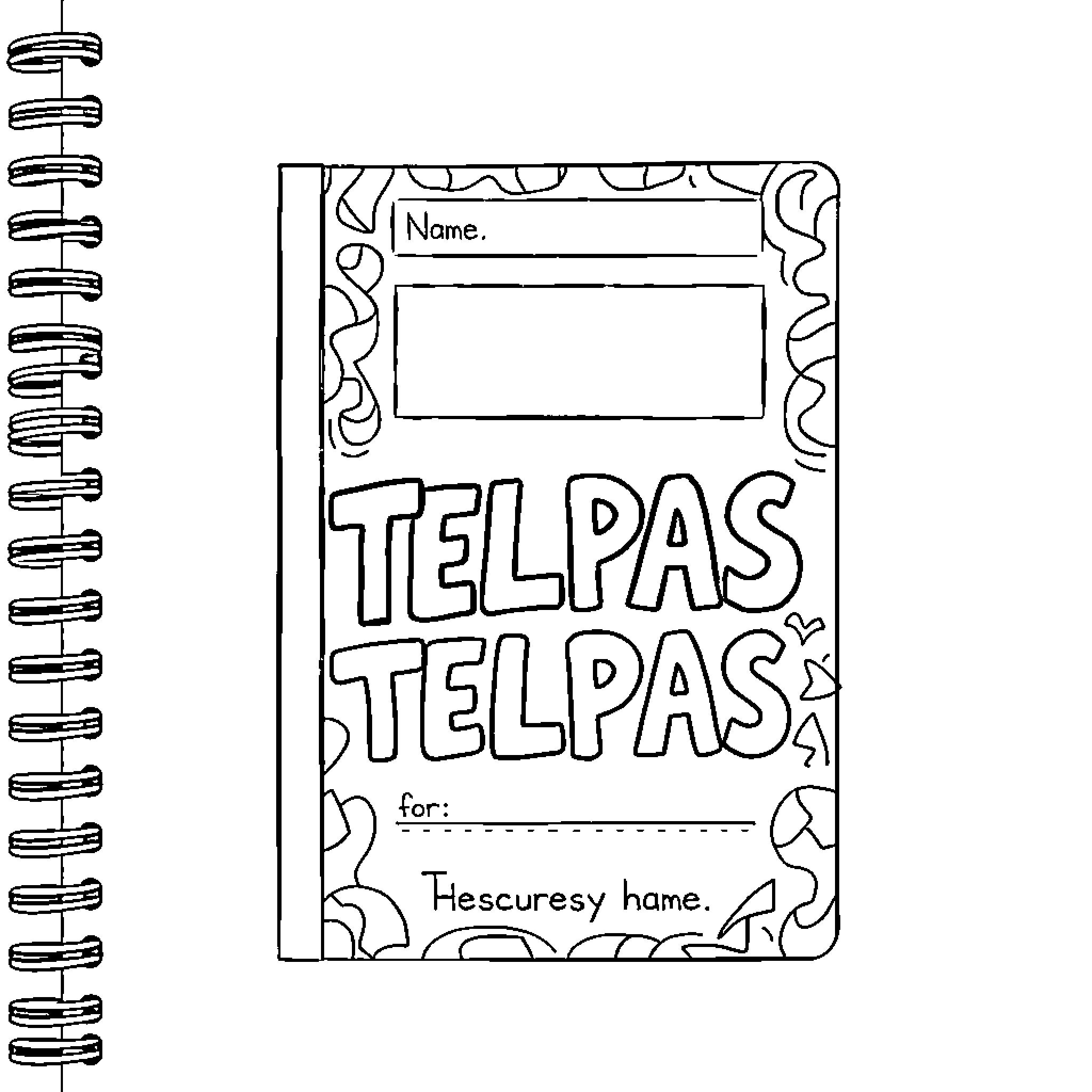 Notebook with Doodles Depicting Telpas Sign Coloring Page (free black-and-white line drawing printable PDF for all, from beginners to advanced learners, including children, teens, adults, and seniors)