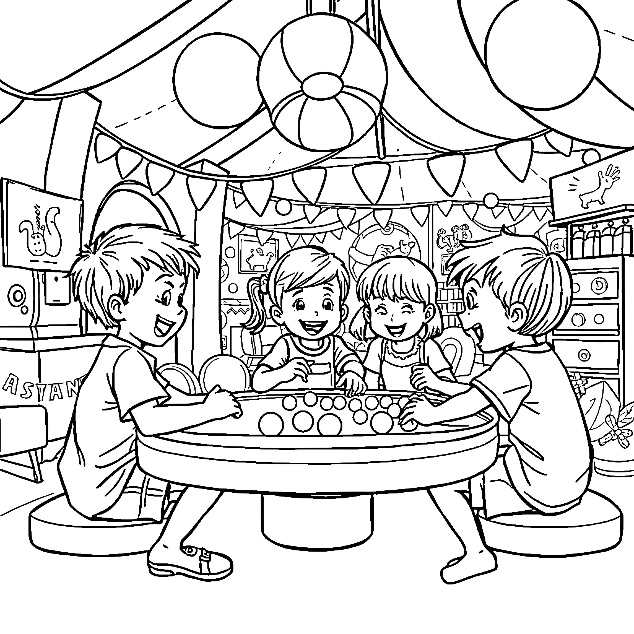Kid's Lively Party with Friends Coloring Page (free black-and-white line drawing printable PDF for all, from beginners to advanced learners, including children, teens, adults, and seniors)