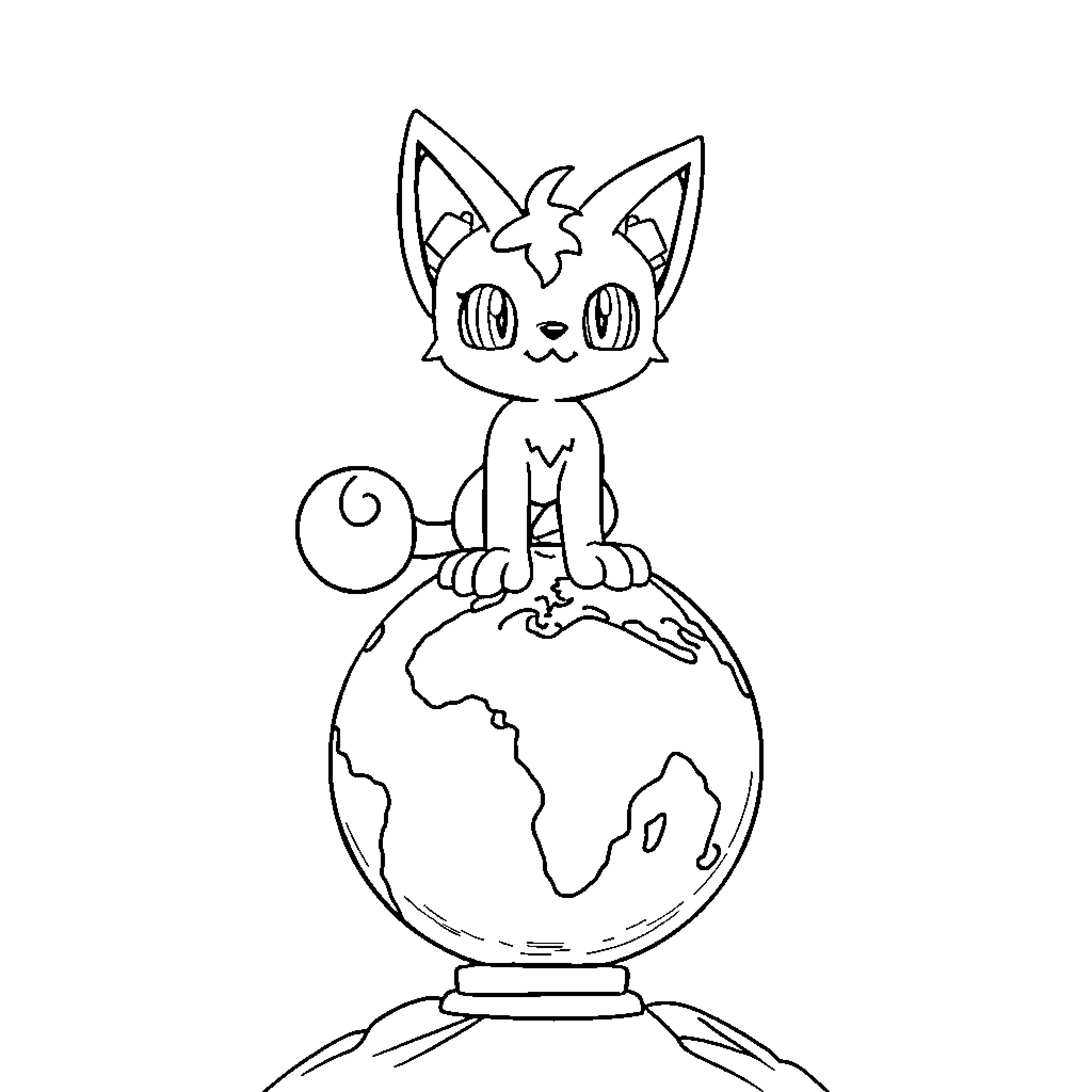 Meowth sitting atop the world Coloring Page (free black-and-white line drawing printable PDF for all, from beginners to advanced learners, including children, teens, adults, and seniors)