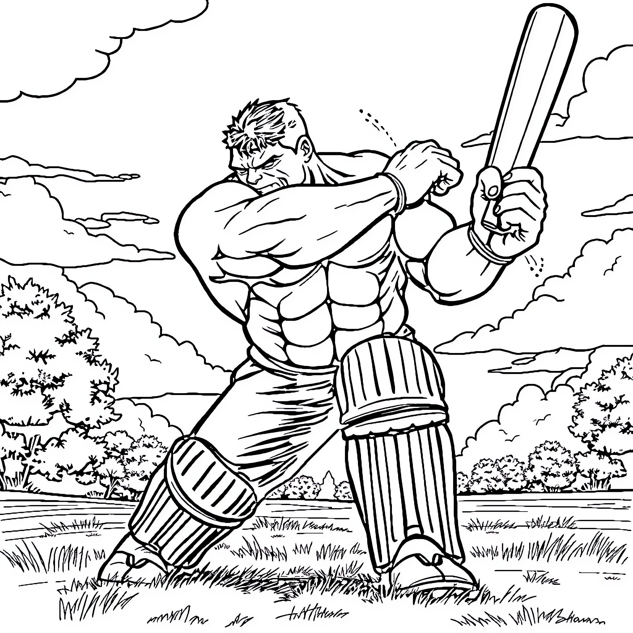 Hulk in fierce combat stance with weapon Coloring Page (free black-and-white line drawing printable PDF for all, from beginners to advanced learners, including children, teens, adults, and seniors)