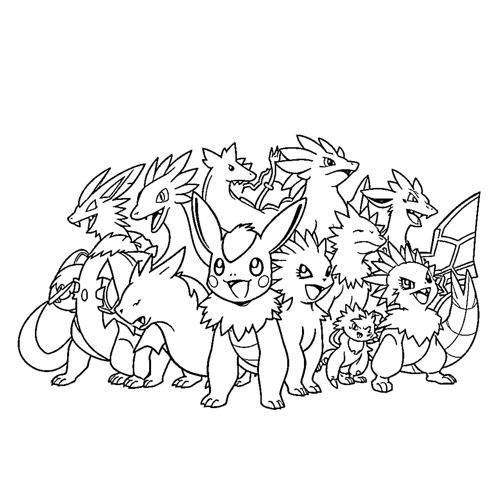 Pokémon characters gathered in a group Coloring Page (free black-and-white line drawing printable PDF for all, from beginners to advanced learners, including children, teens, adults, and seniors)