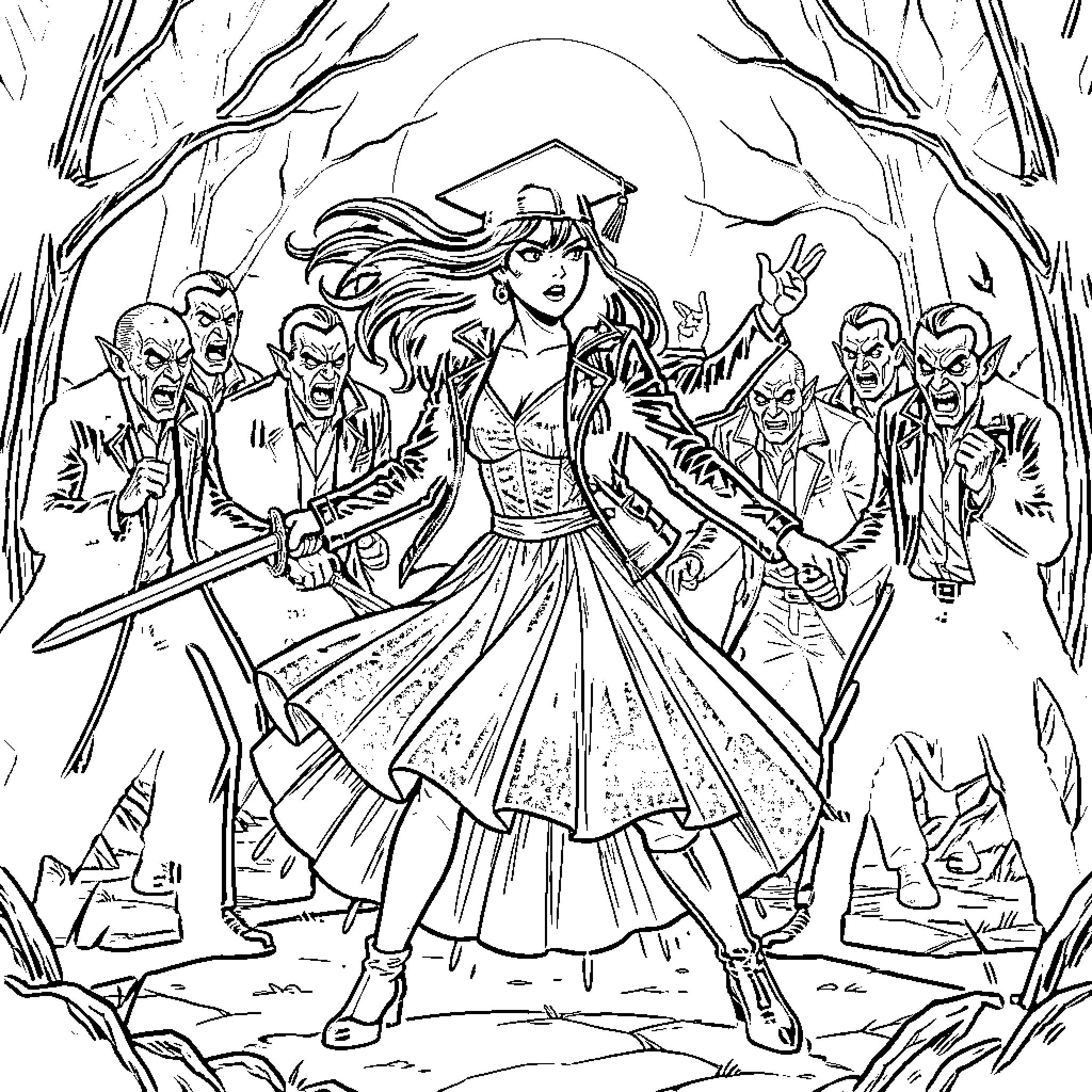 Cazadora: Heroine Stands Defiant Against Foes Coloring Page (free black-and-white line drawing printable PDF for all, from beginners to advanced learners, including children, teens, adults, and seniors)