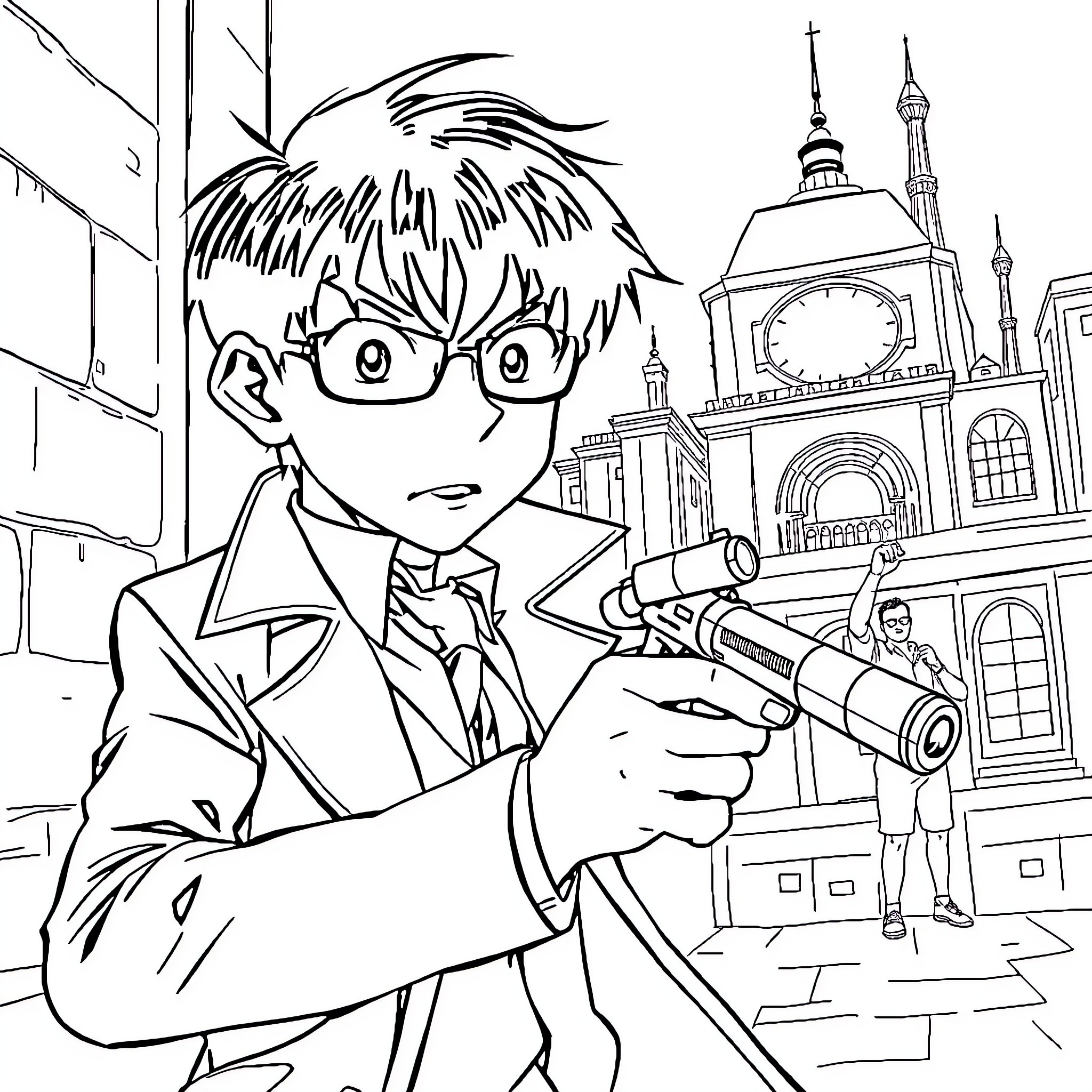 Detective Conan investigating a mysterious case in the city Coloring Page (free black-and-white line drawing printable PDF for all, from beginners to advanced learners, including children, teens, adults, and seniors)