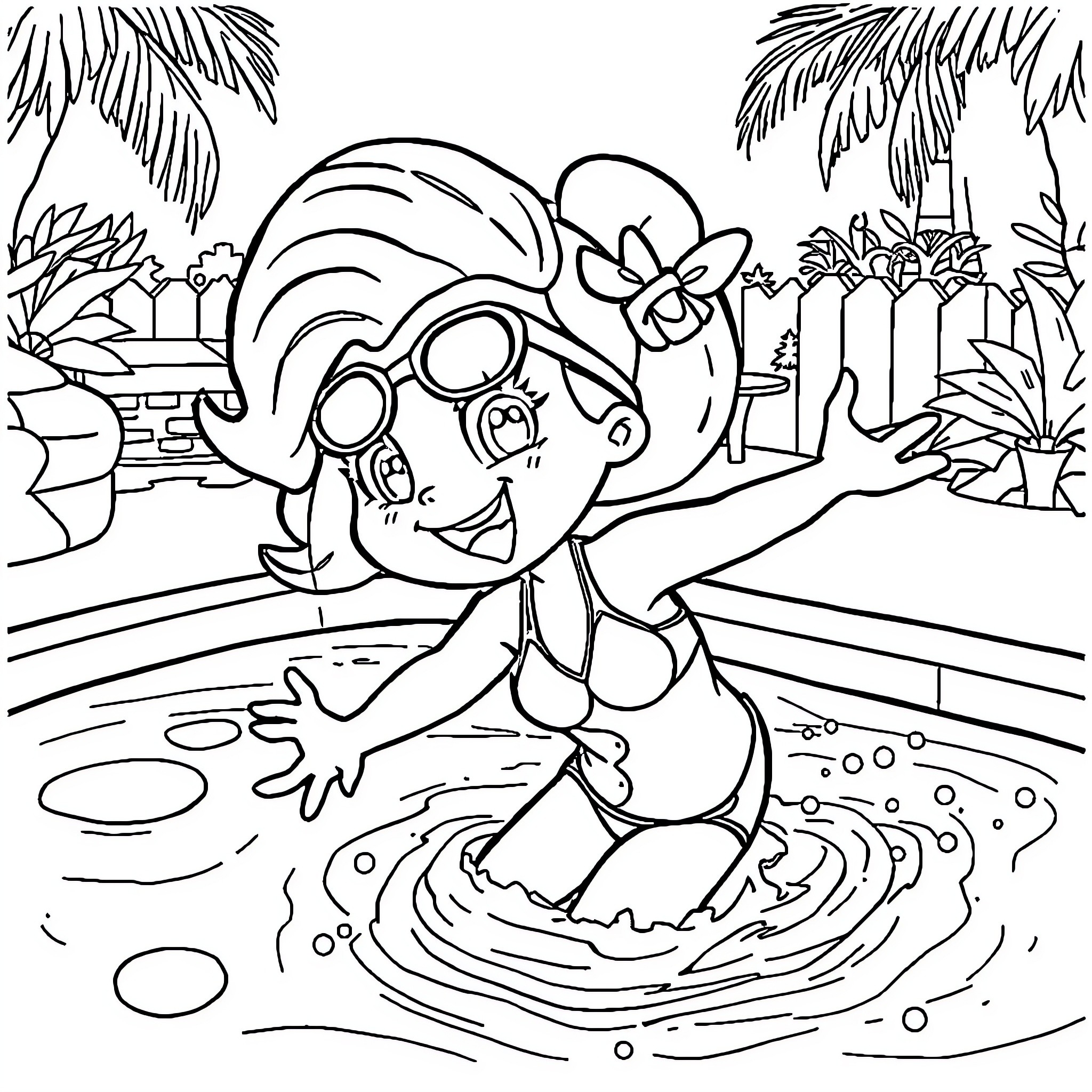 Bluey having fun in the water Coloring Page (free black-and-white line drawing printable PDF for all, from beginners to advanced learners, including children, teens, adults, and seniors)