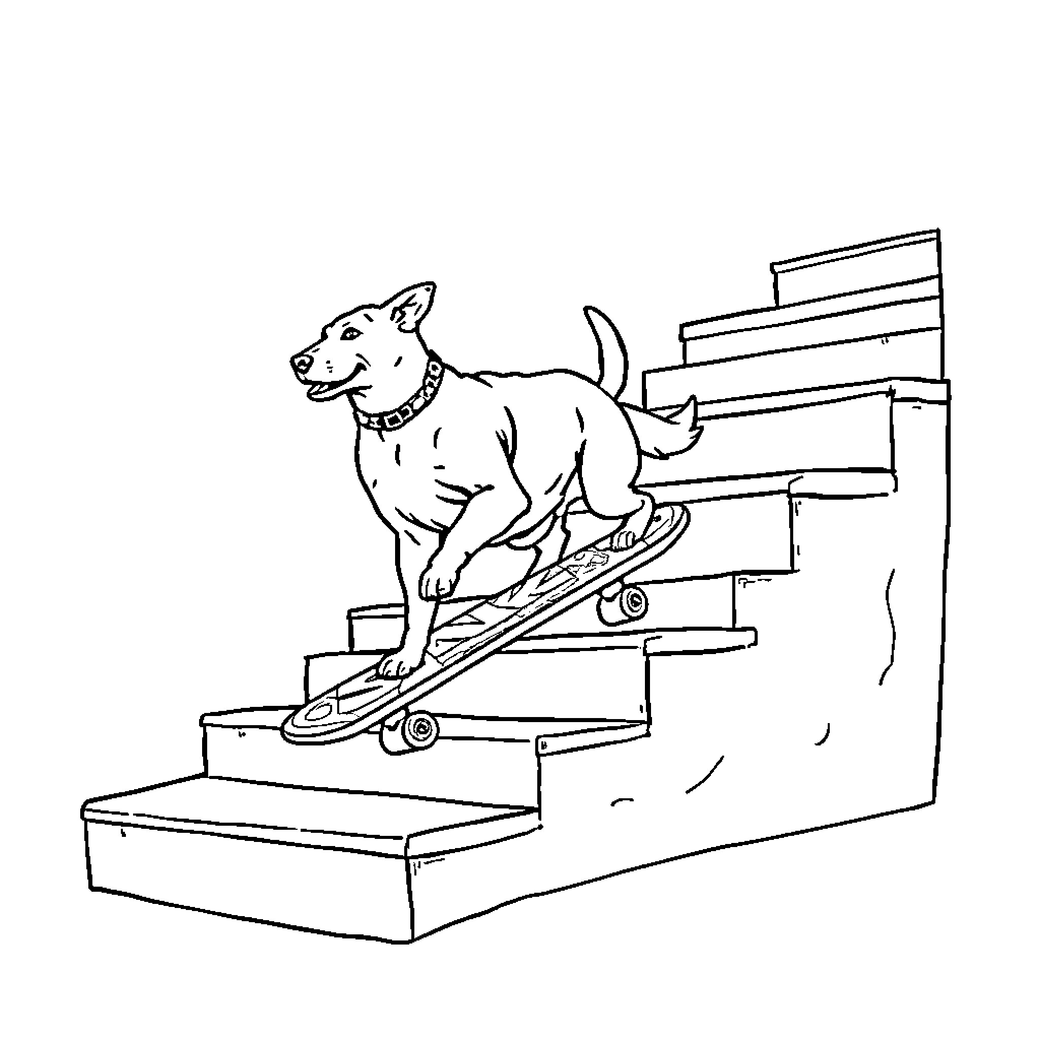 Dog riding a skateboard on stairs Coloring Page (free black-and-white line drawing printable PDF for all, from beginners to advanced learners, including children, teens, adults, and seniors)