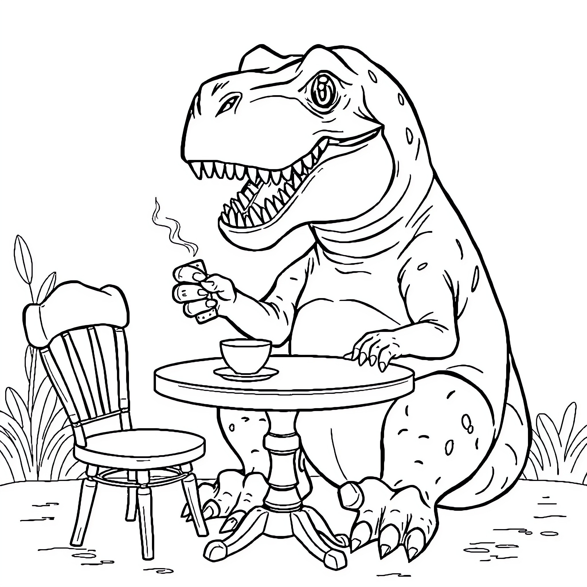 T-Rex enjoying tea time in the garden Coloring Page (free black-and-white line drawing printable PDF for all, from beginners to advanced learners, including children, teens, adults, and seniors)