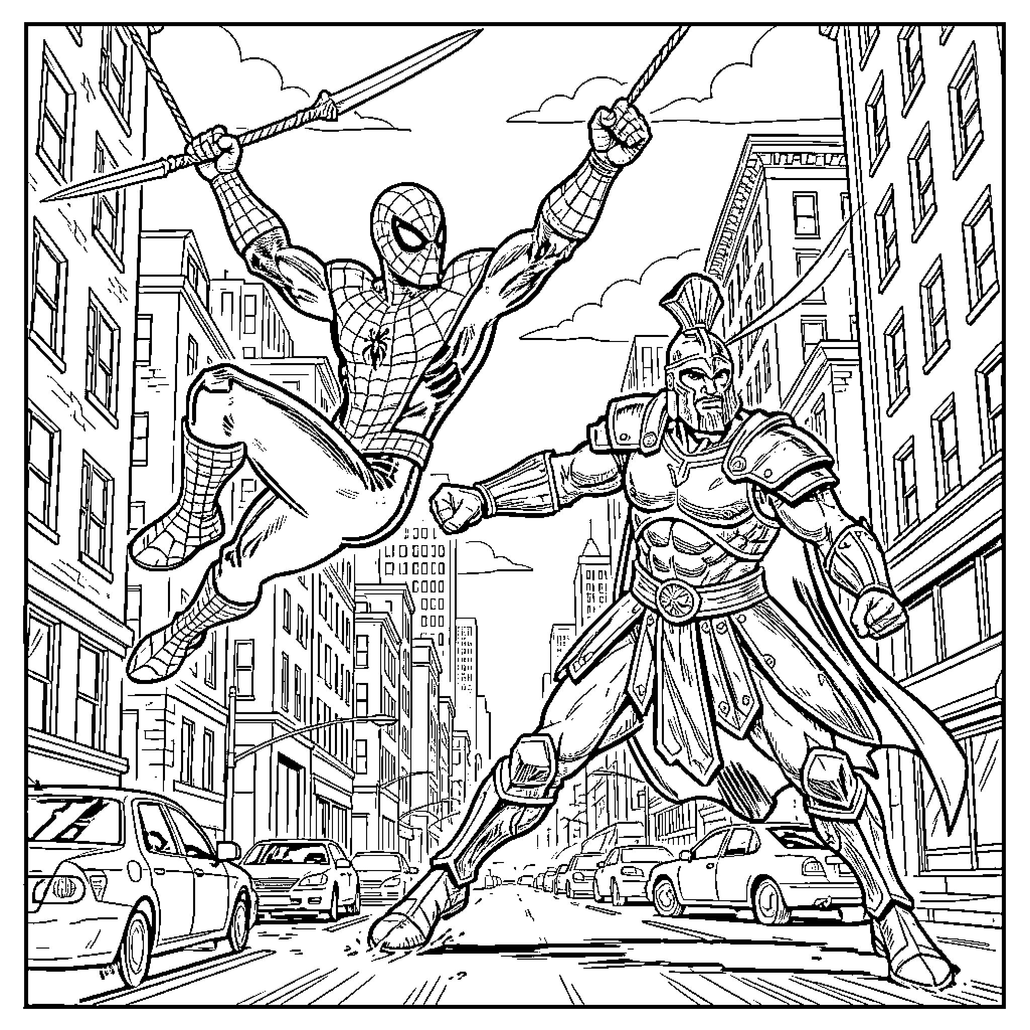 Spiderman swinging through the city streets fighting a warrior Coloring Page (free black-and-white line drawing printable PDF for all, from beginners to advanced learners, including children, teens, adults, and seniors)
