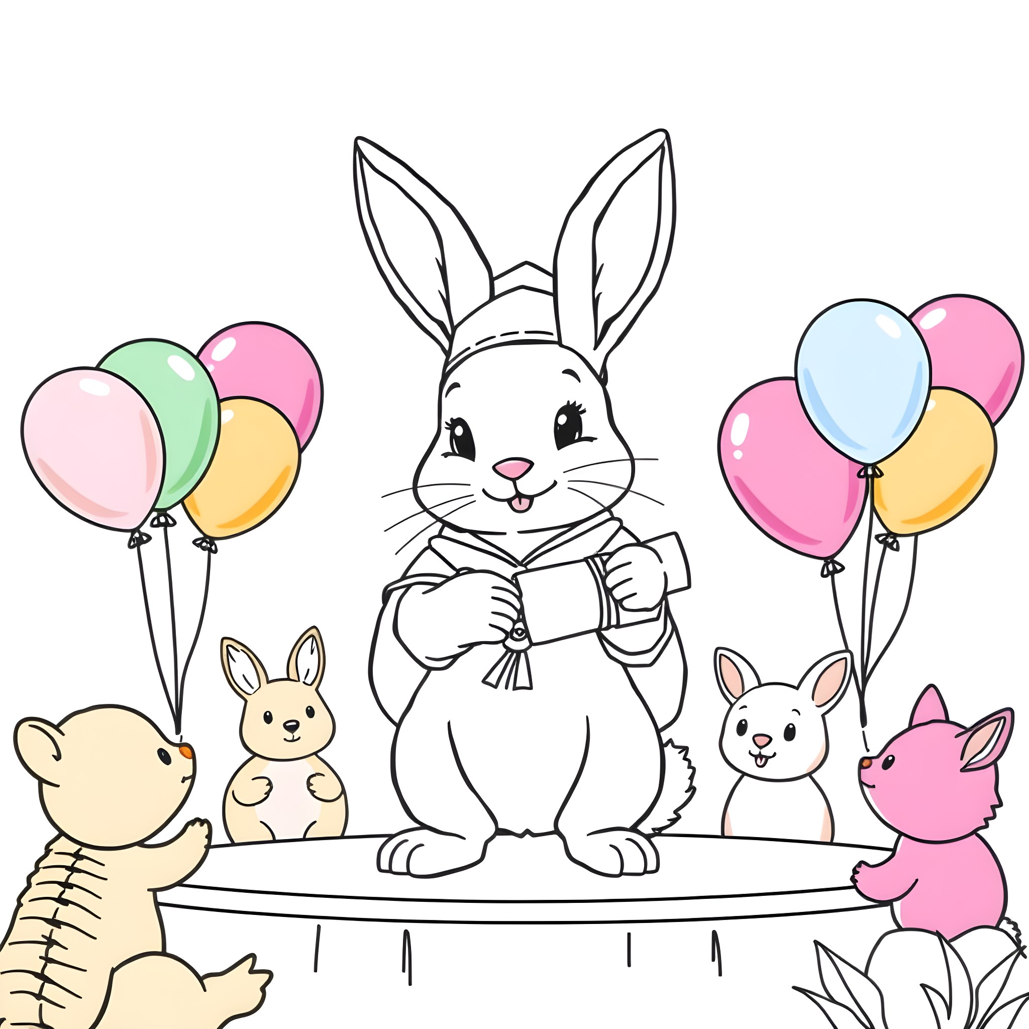 Bunny celebrating with balloons and friends Coloring Page (free black-and-white line drawing printable PDF for all, from beginners to advanced learners, including children, teens, adults, and seniors)