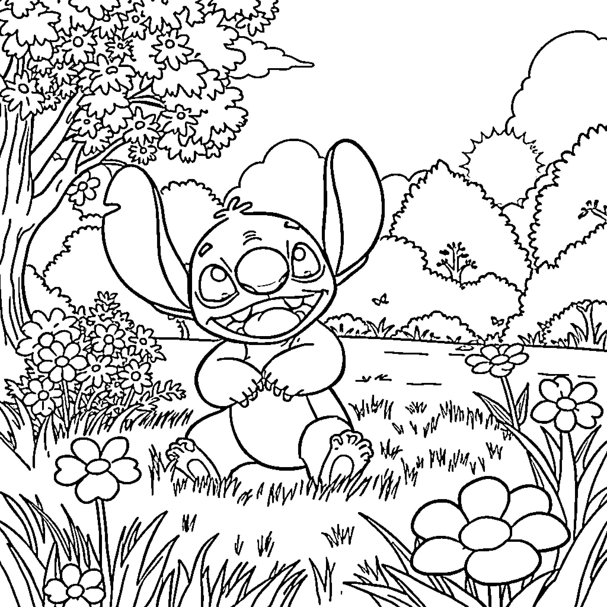 Lilo And Stitch Playing in the Enchanted Forest Coloring Page (free black-and-white line drawing printable PDF for all, from beginners to advanced learners, including children, teens, adults, and seniors)