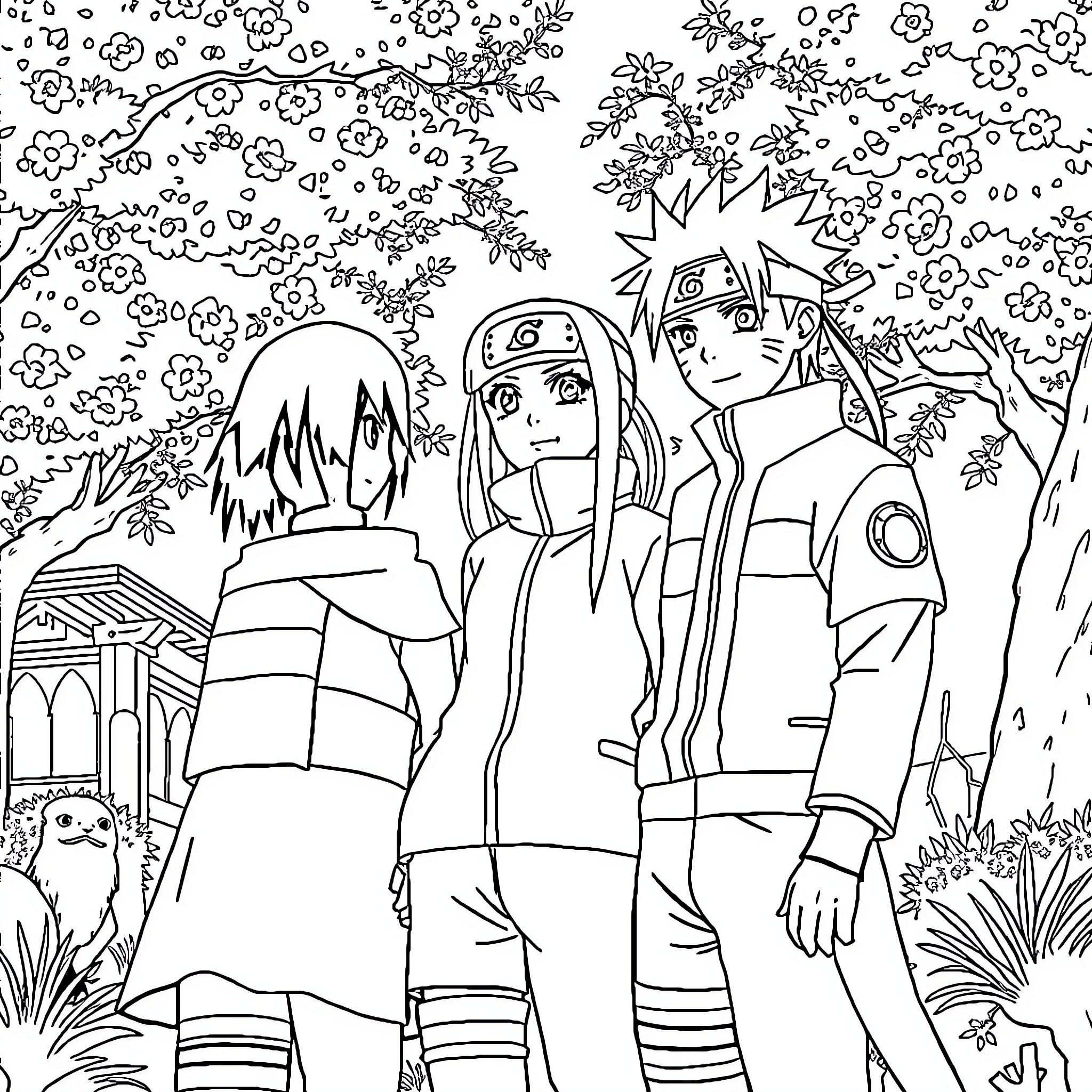 Naruto characters exploring the nature Coloring Page (free black-and-white line drawing printable PDF for all, from beginners to advanced learners, including children, teens, adults, and seniors)
