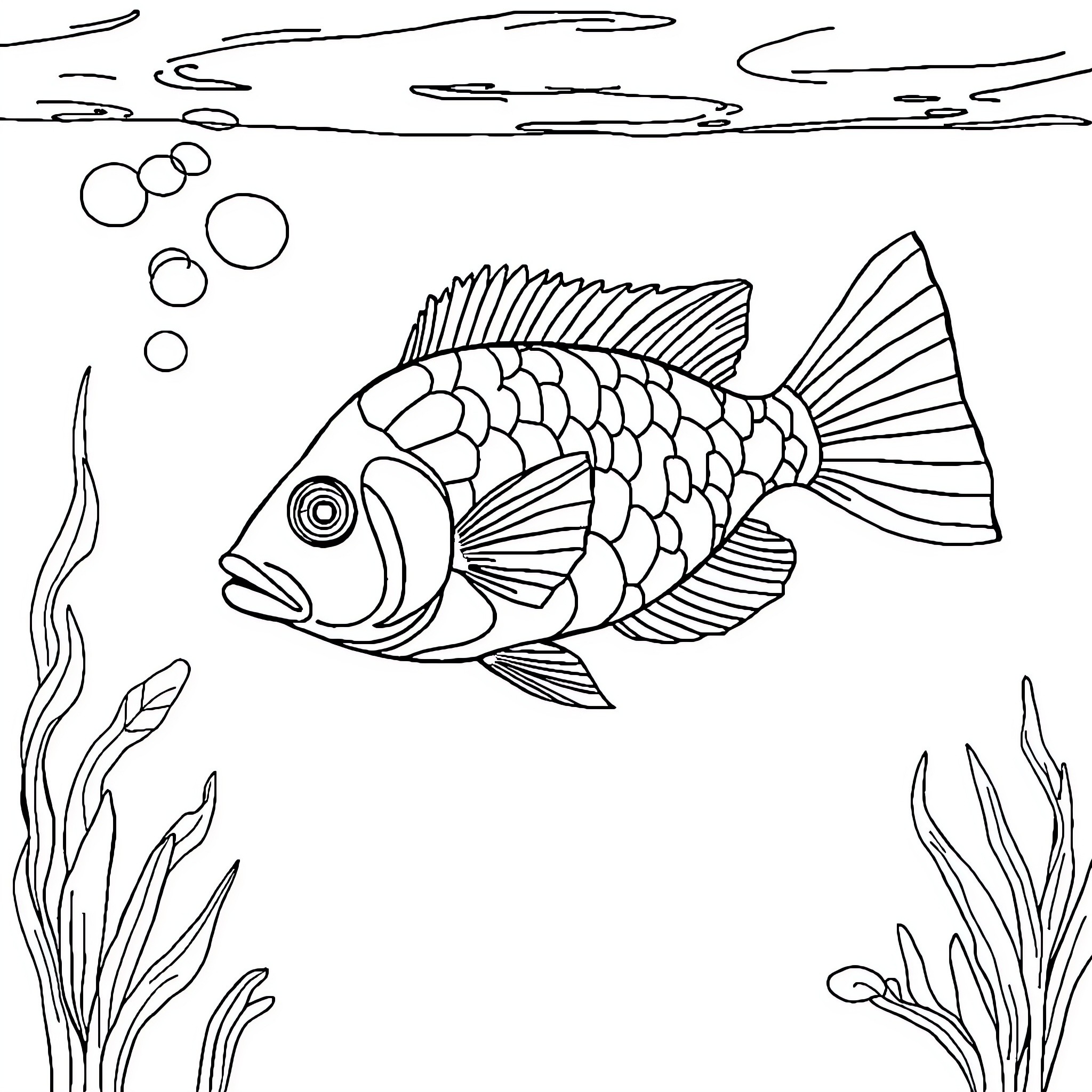 Fish Swimming Gracefully in the Underwater Scenery Coloring Page (free black-and-white line drawing printable PDF for all, from beginners to advanced learners, including children, teens, adults, and seniors)