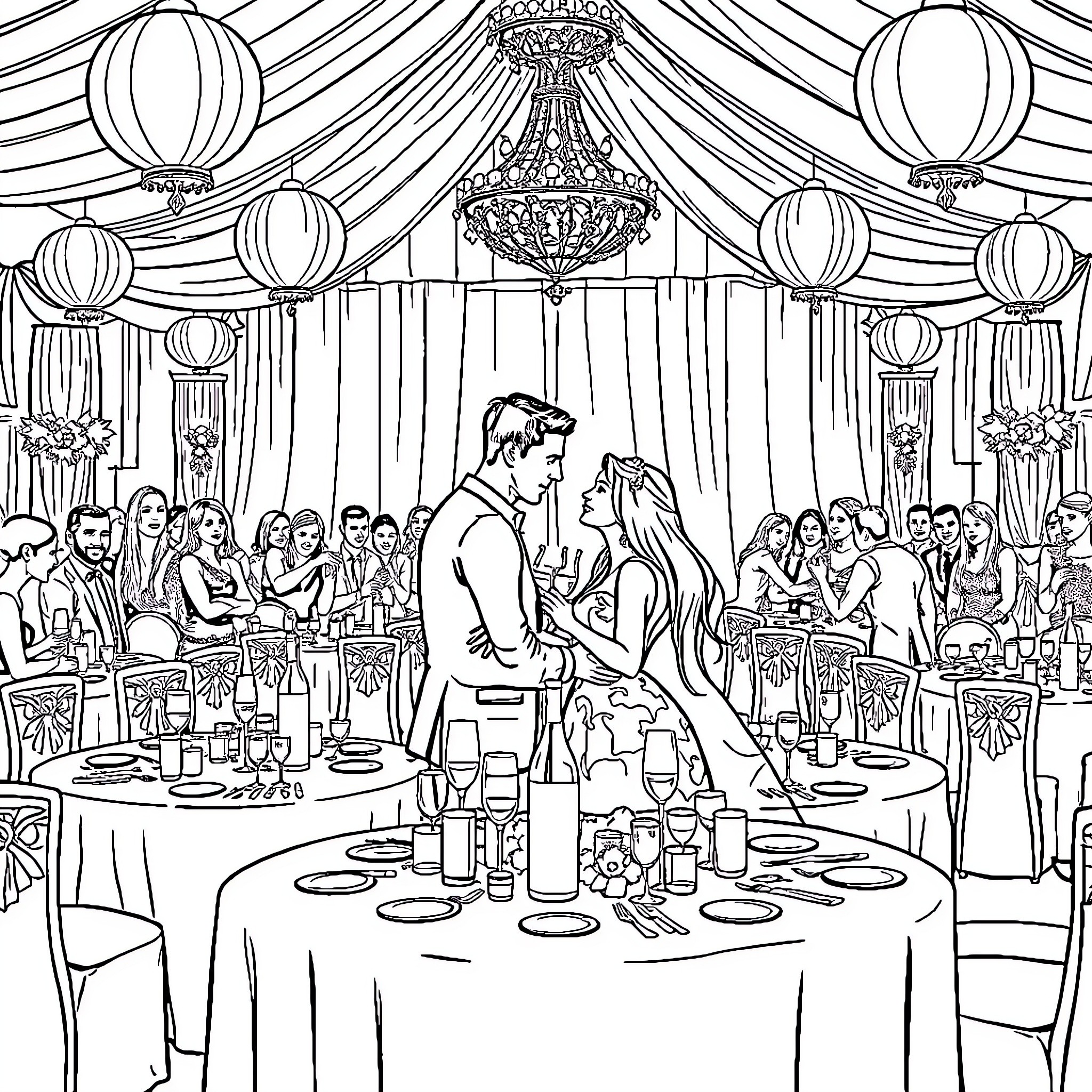 Engagement Celebration in an Elegant Venue Coloring Page (free black-and-white line drawing printable PDF for all, from beginners to advanced learners, including children, teens, adults, and seniors)