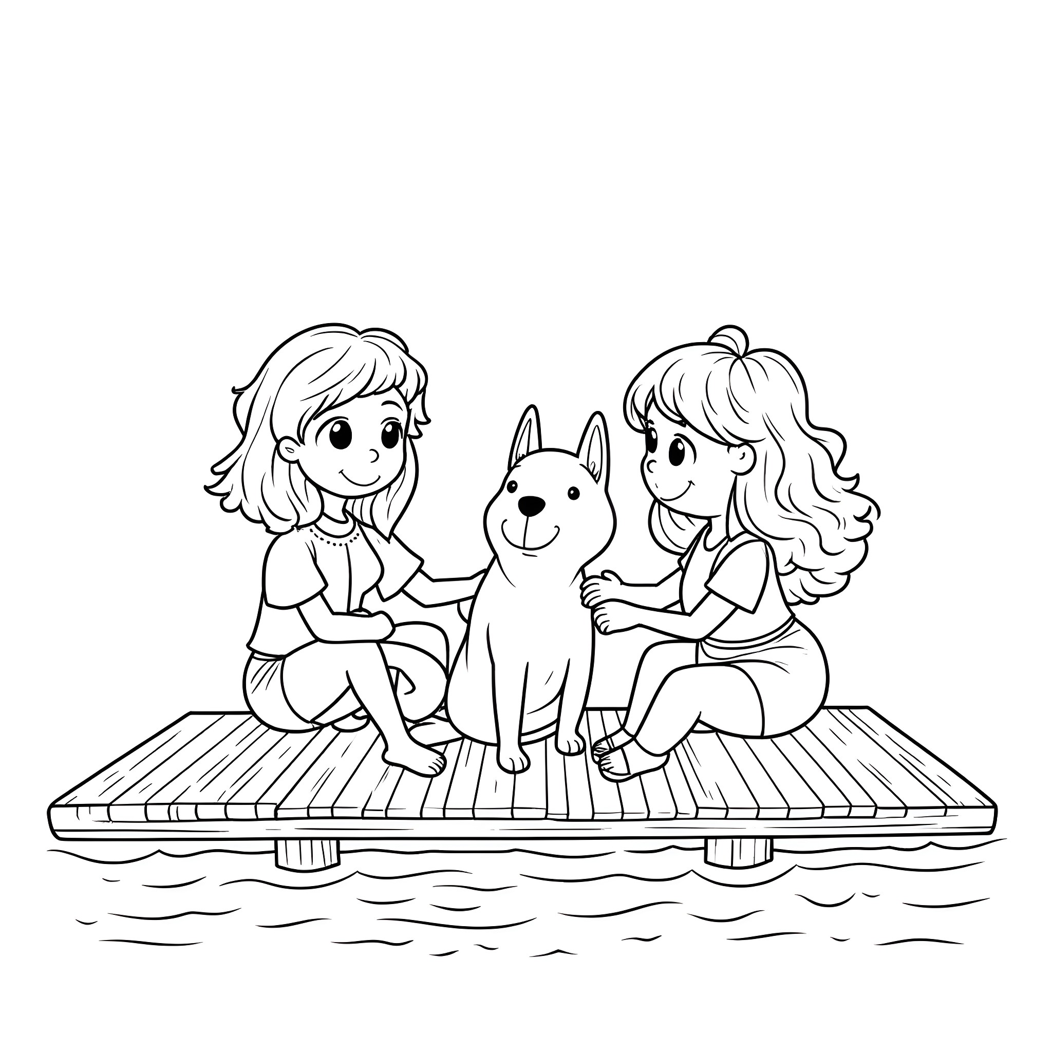 Dog playing with two girls on a dock Coloring Page (free black-and-white line drawing printable PDF for all, from beginners to advanced learners, including children, teens, adults, and seniors)