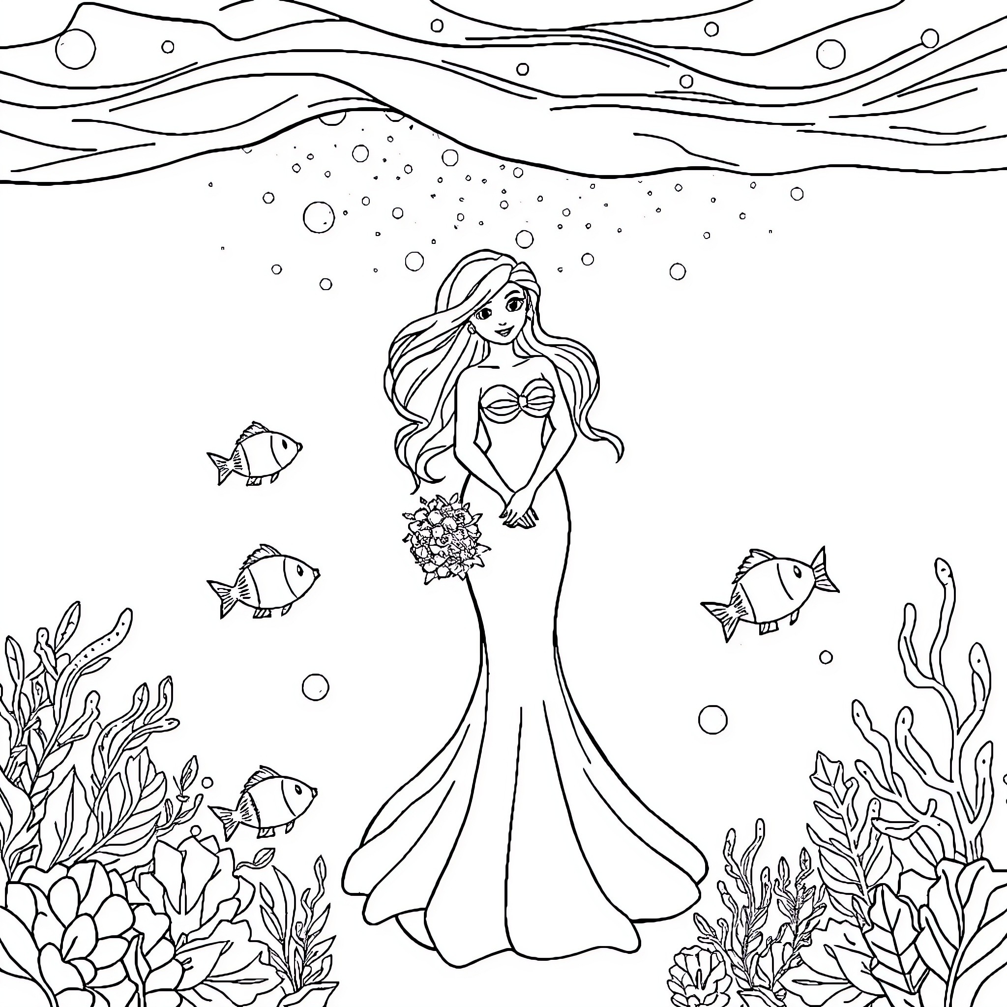 Mermaid in the Underwater Wonderland Coloring Page (free black-and-white line drawing printable PDF for all, from beginners to advanced learners, including children, teens, adults, and seniors)
