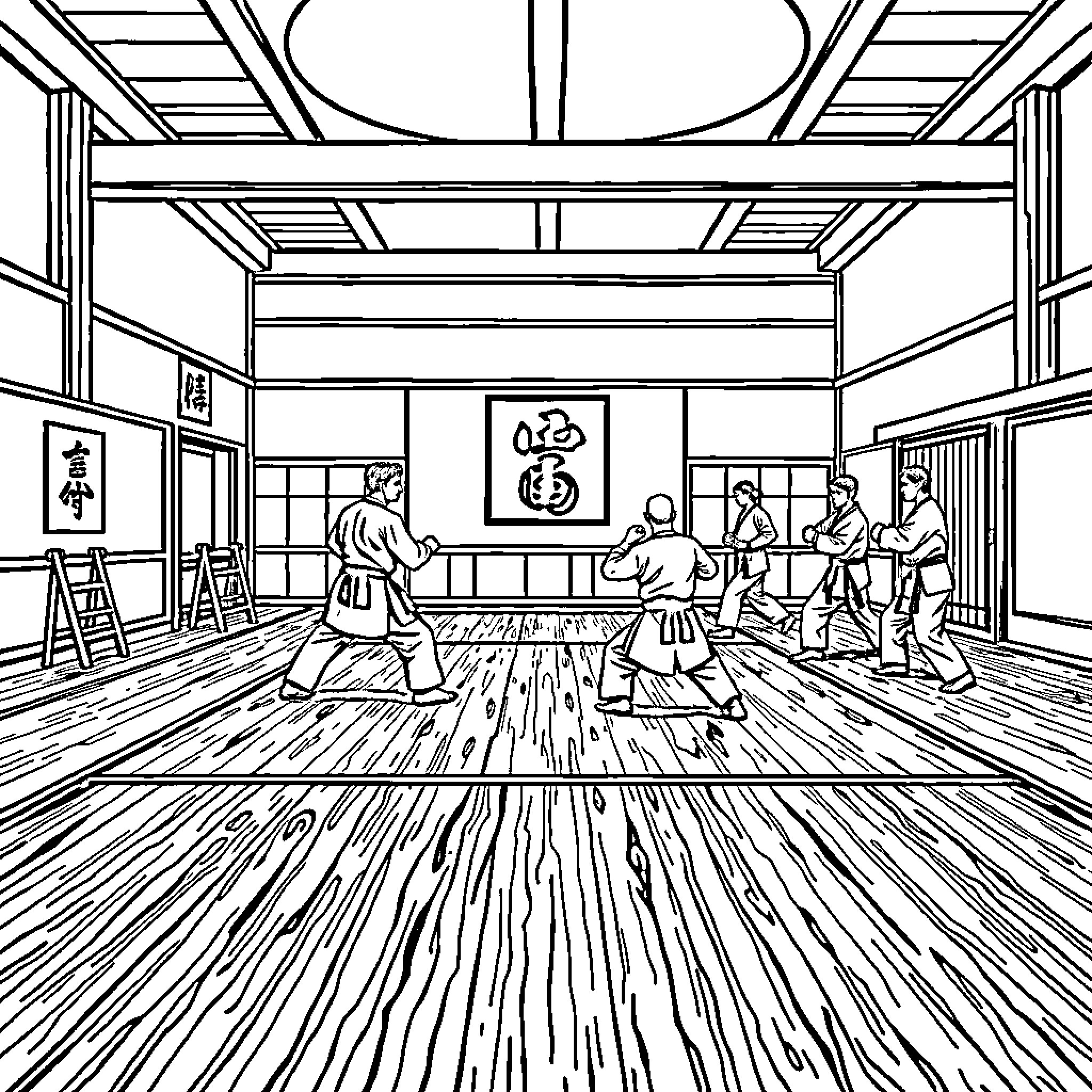 Dojo students practicing martial arts techniques Coloring Page (free black-and-white line drawing printable PDF for all, from beginners to advanced learners, including children, teens, adults, and seniors)